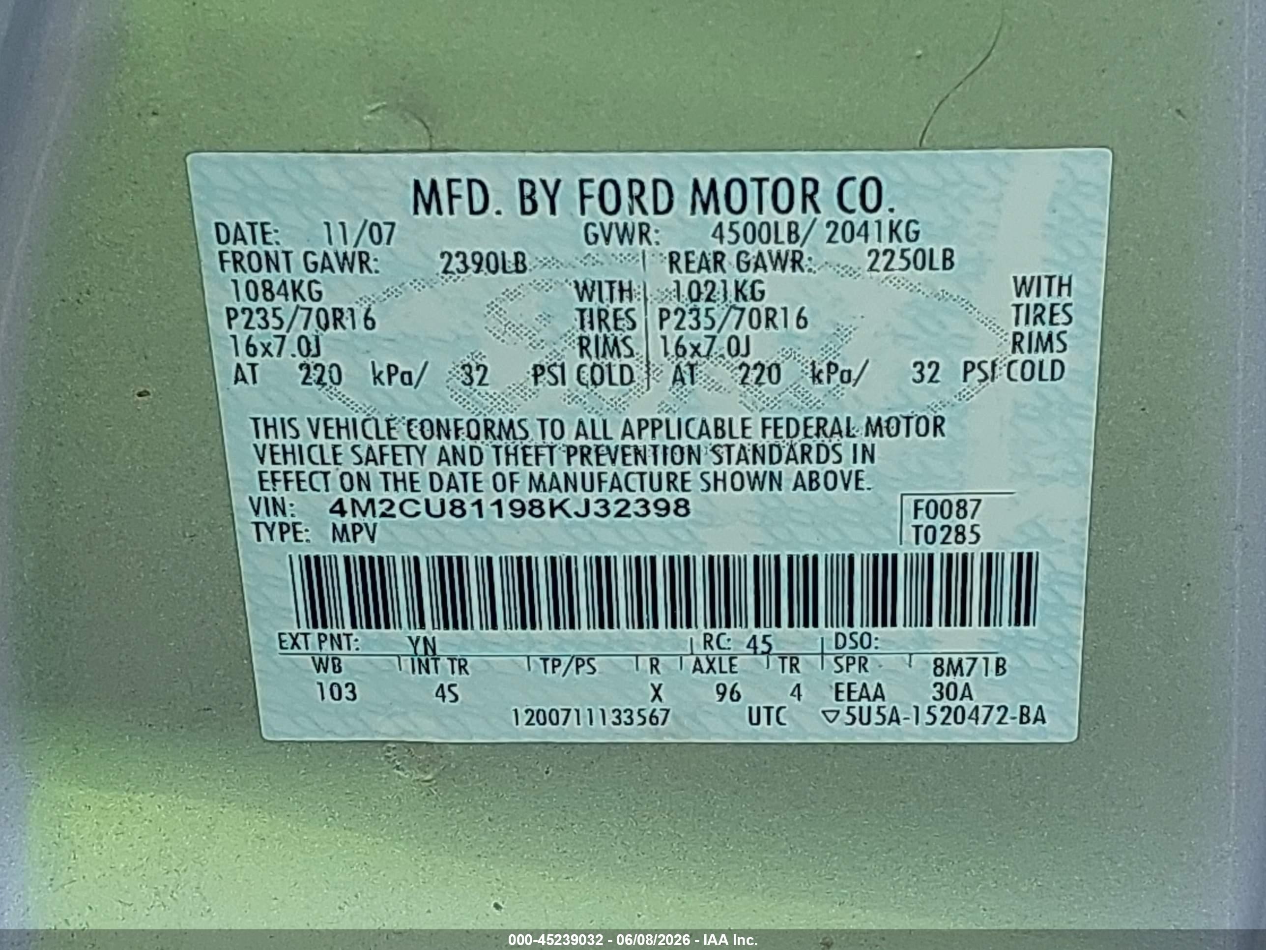 2008 Mercury Mariner V6 Silver vin: 4M2CU81198KJ32398