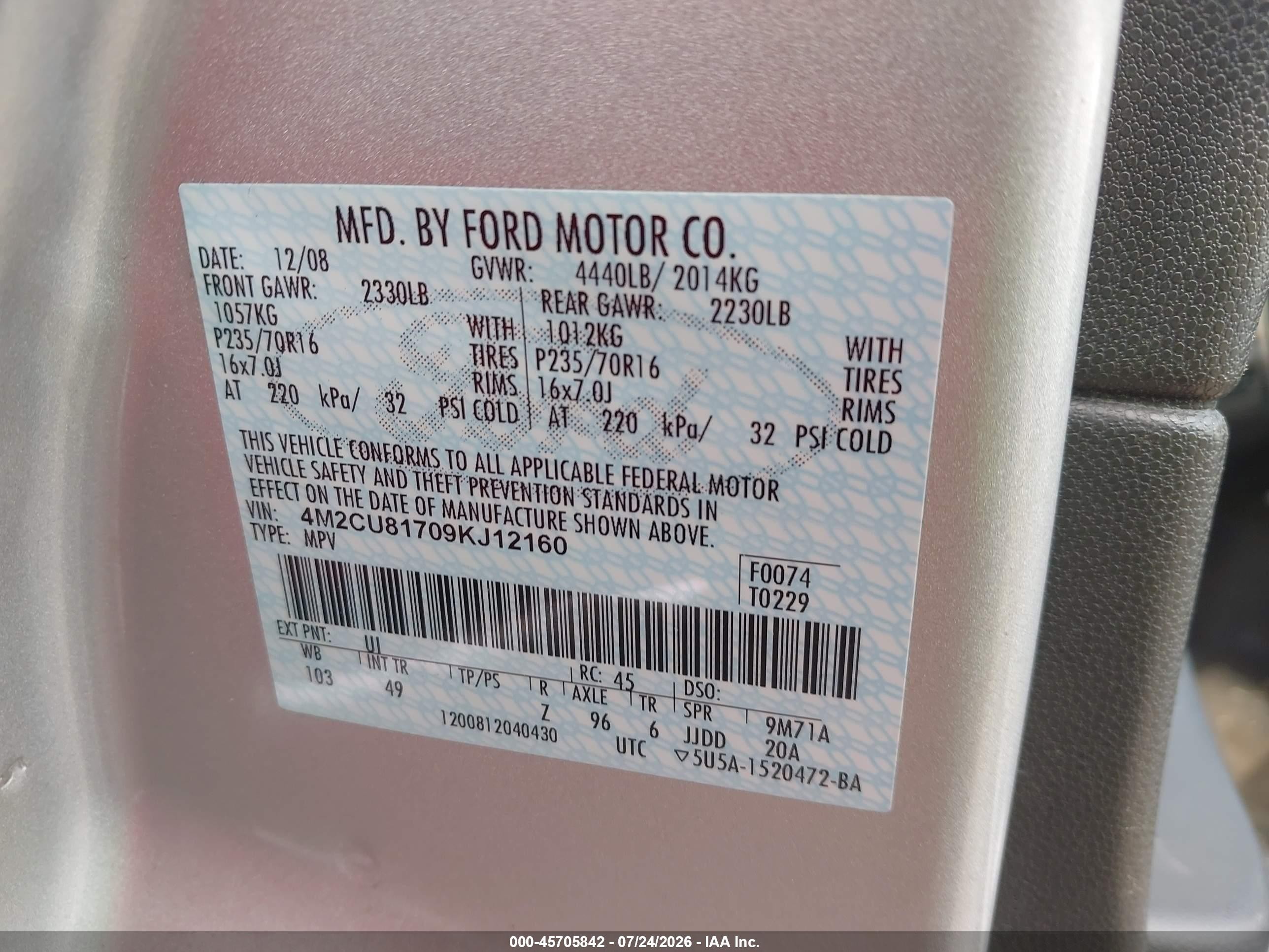 2009 Mercury Mariner I4 Silver vin: 4M2CU81709KJ12160