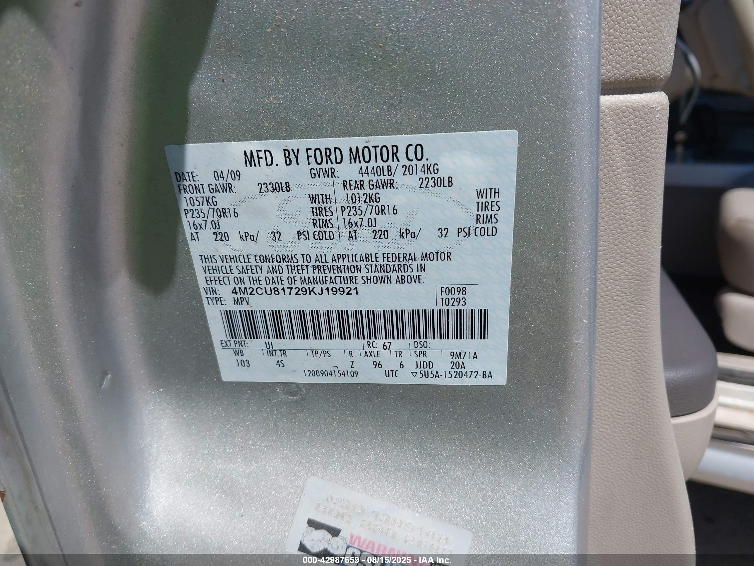 2009 Mercury Mariner I4 Silver vin: 4M2CU81729KJ19921