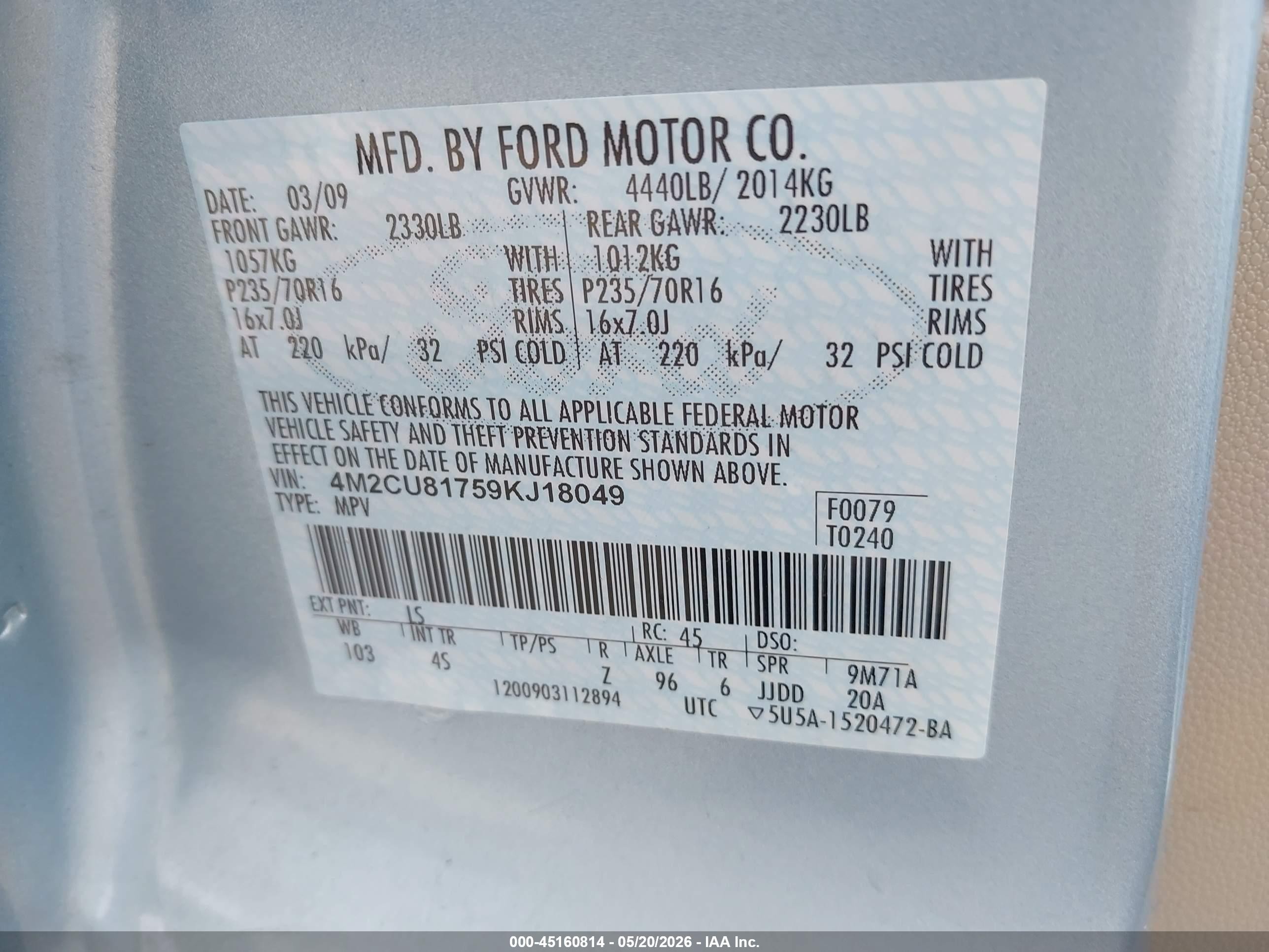 2009 Mercury Mariner I4 Light Blue vin: 4M2CU81759KJ18049