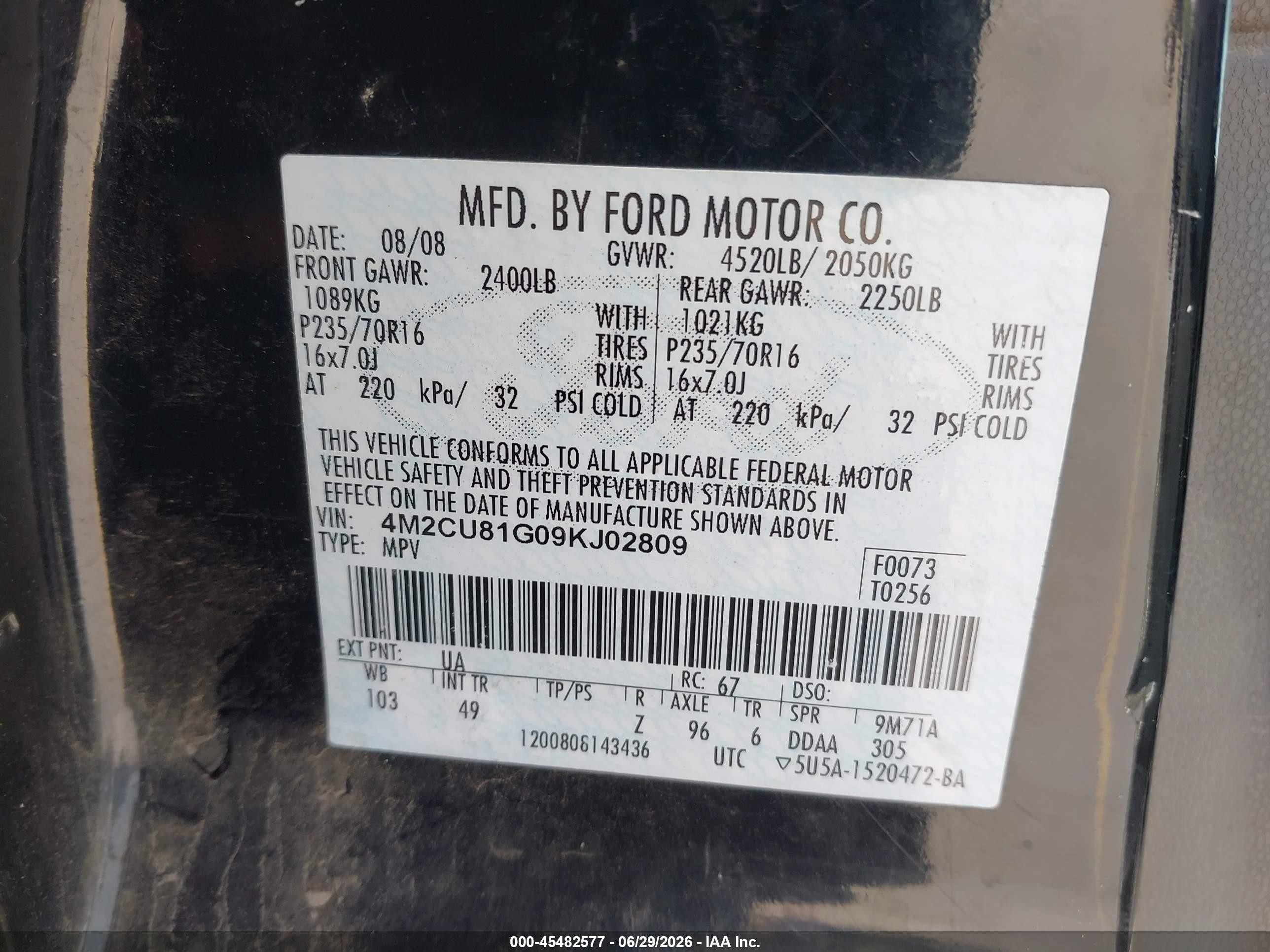 2009 Mercury Mariner V6 Черный vin: 4M2CU81G09KJ02809