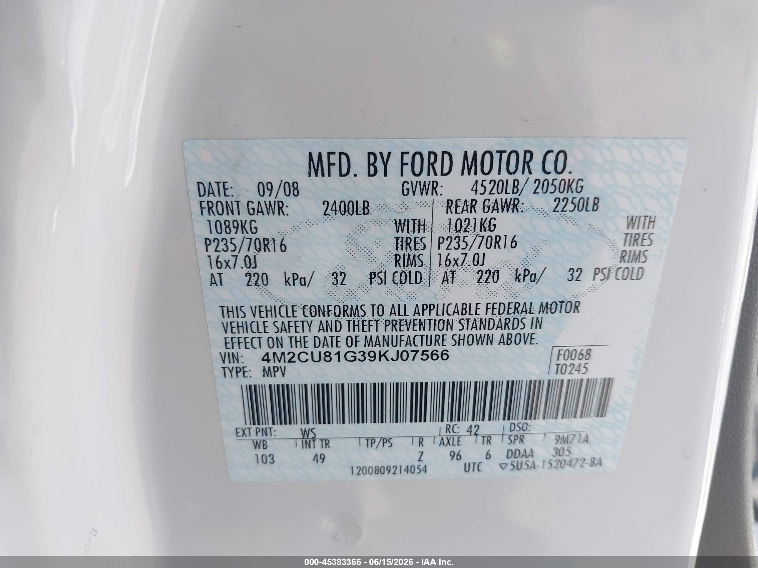 2009 Mercury Mariner V6 White vin: 4M2CU81G39KJ07566
