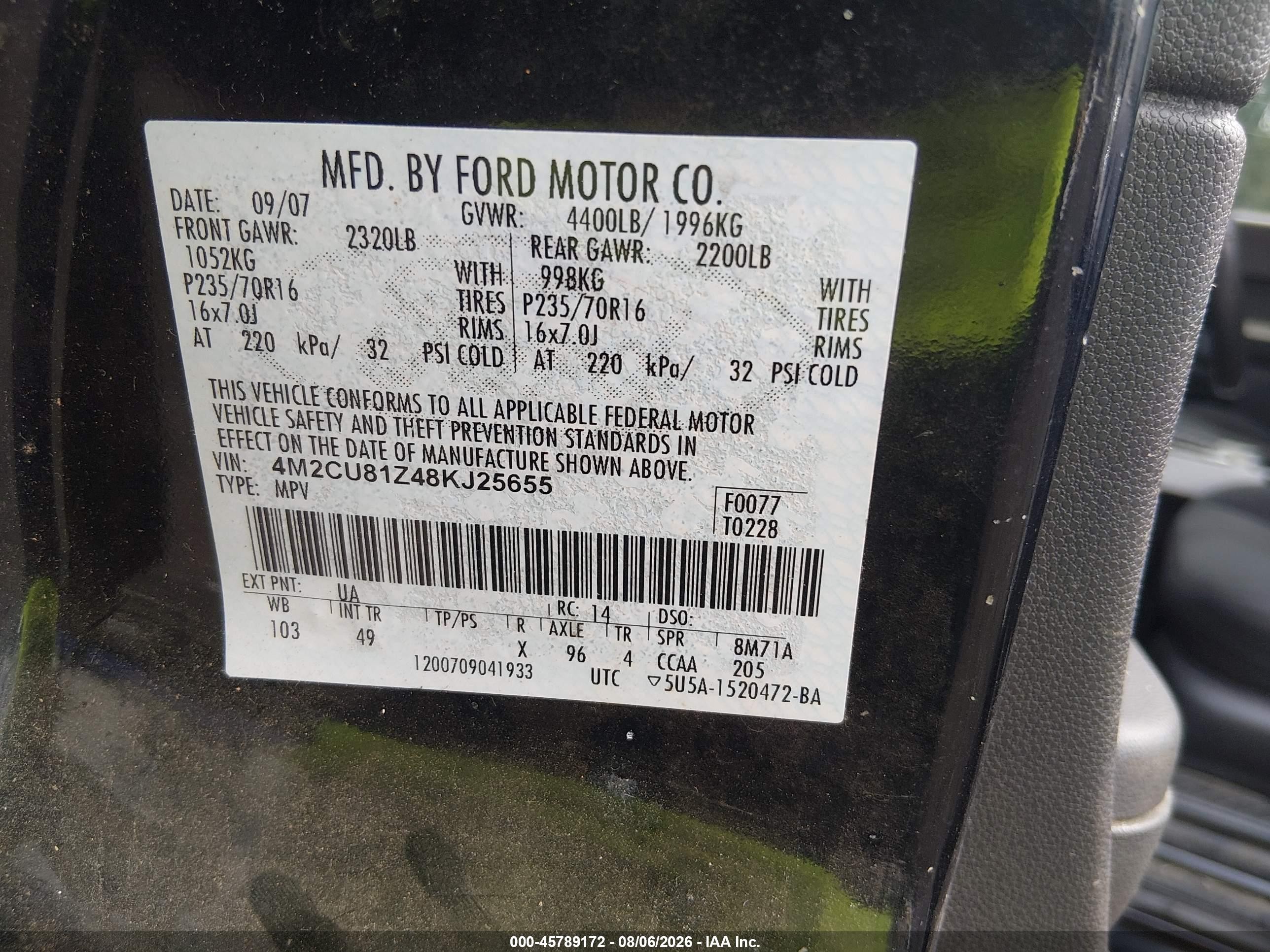 2008 Mercury Mariner I4 Black vin: 4M2CU81Z48KJ25655
