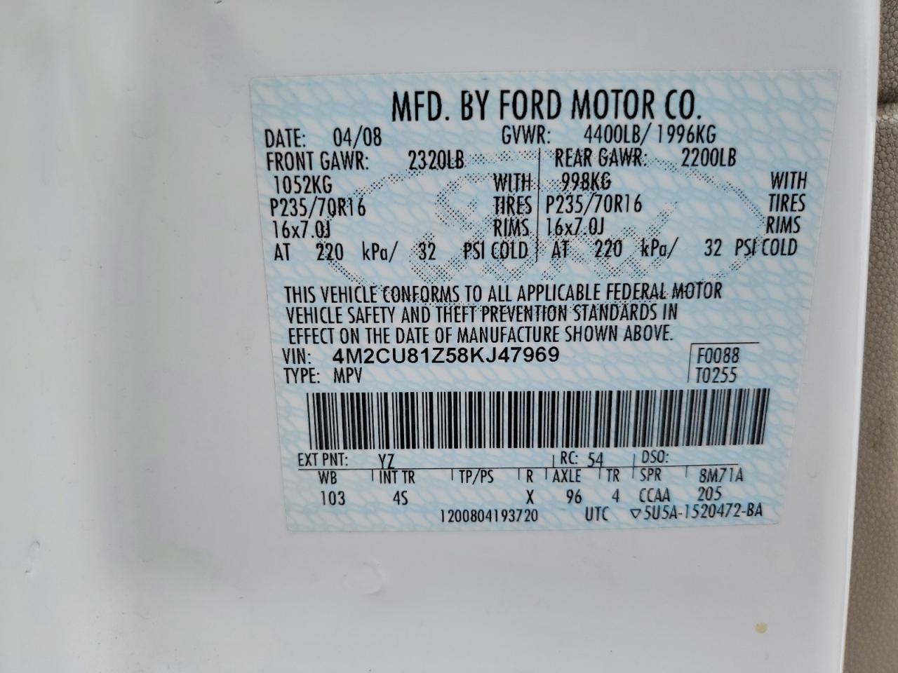 2008 Mercury Mariner White vin: 4M2CU81Z58KJ47969
