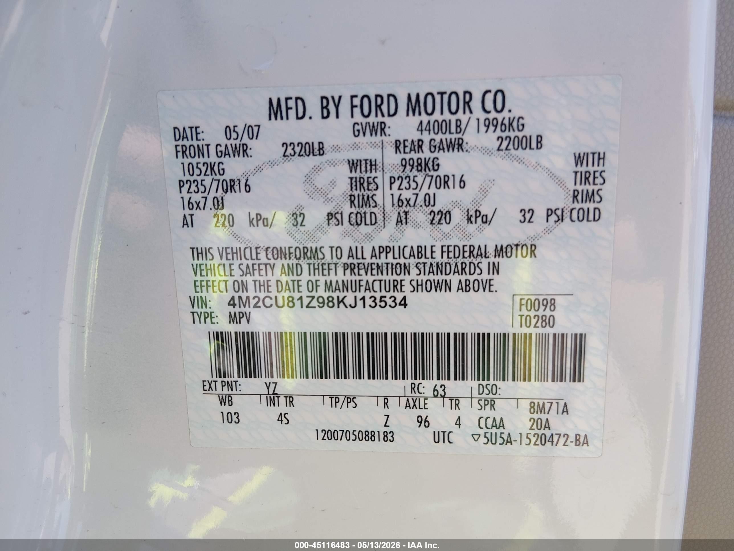2008 Mercury Mariner I4 White vin: 4M2CU81Z98KJ13534
