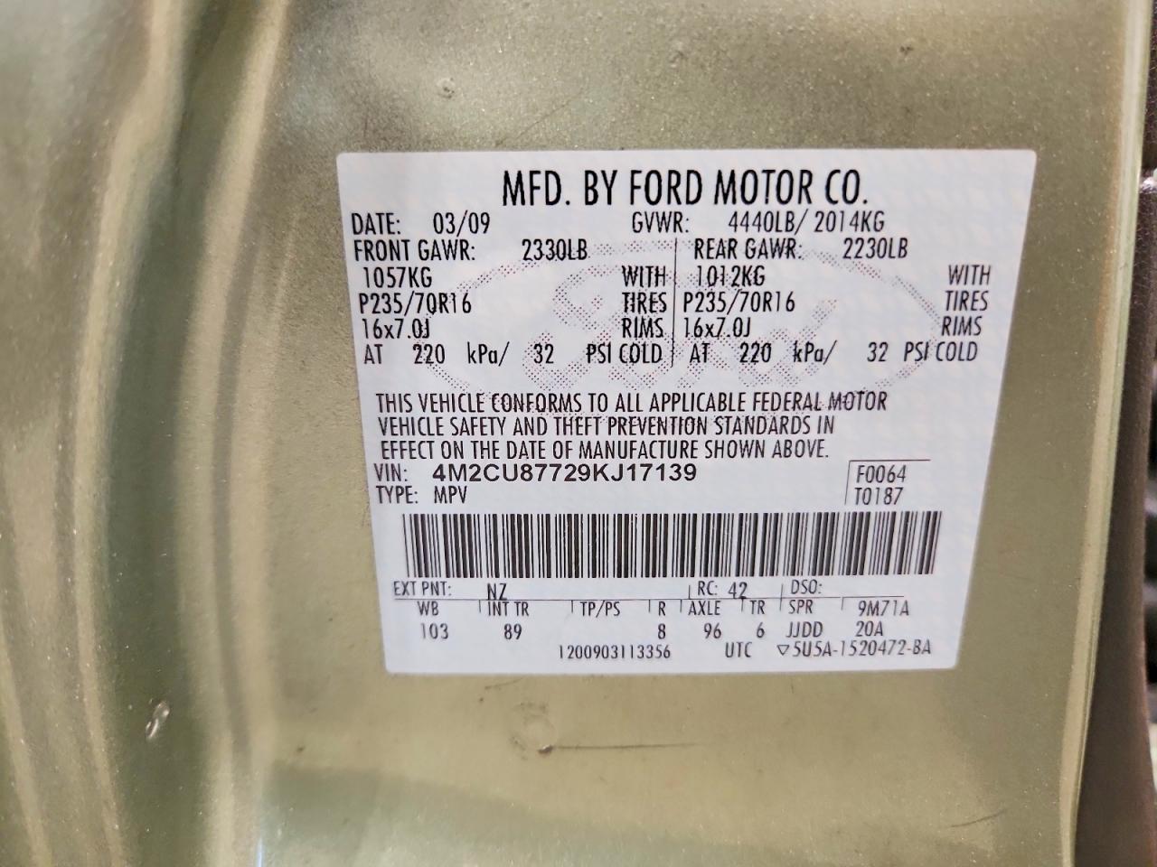 2009 Mercury Mariner Premier Green vin: 4M2CU87729KJ17139
