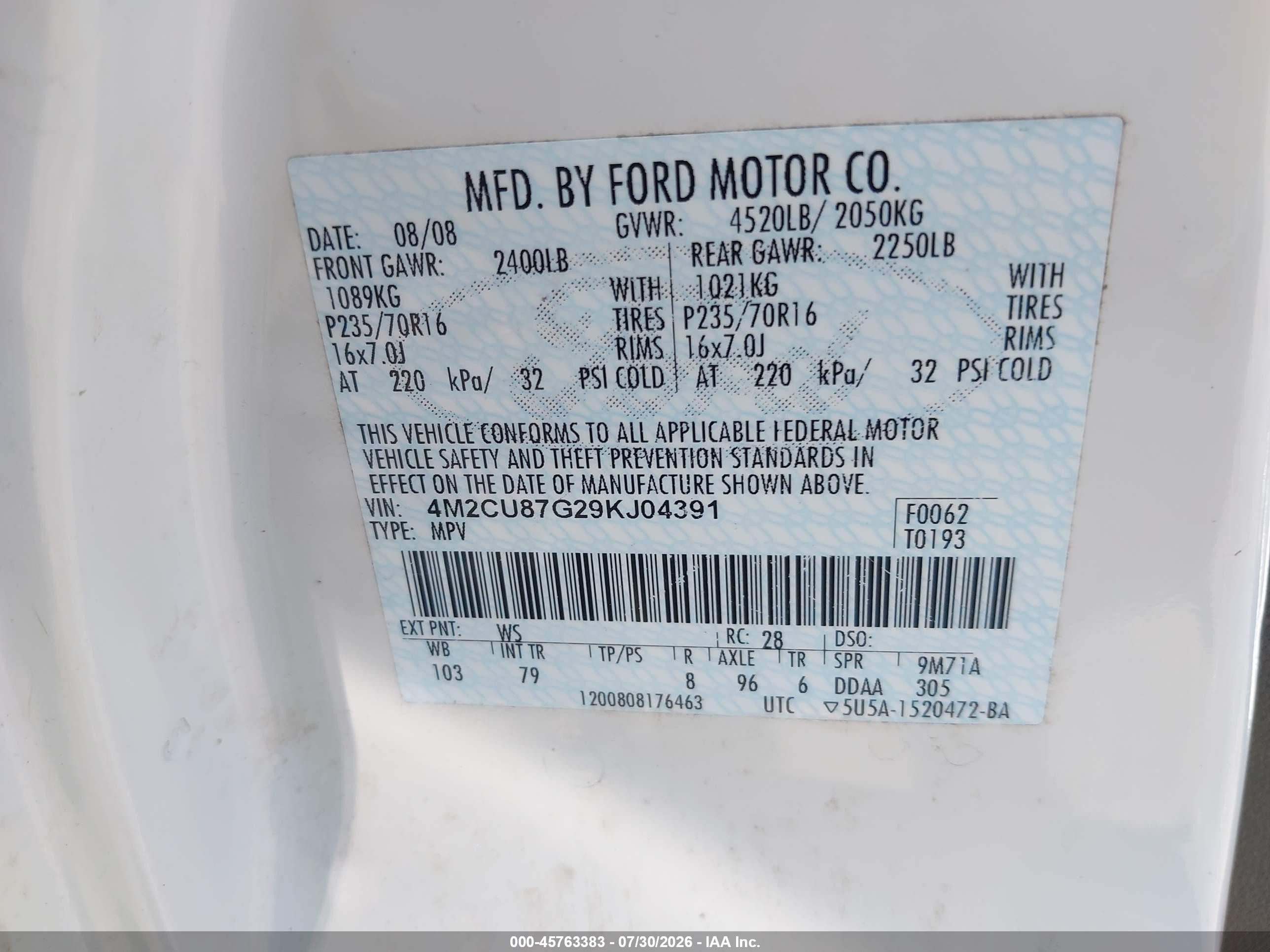 2009 Mercury Mariner Premier V6 White vin: 4M2CU87G29KJ04391