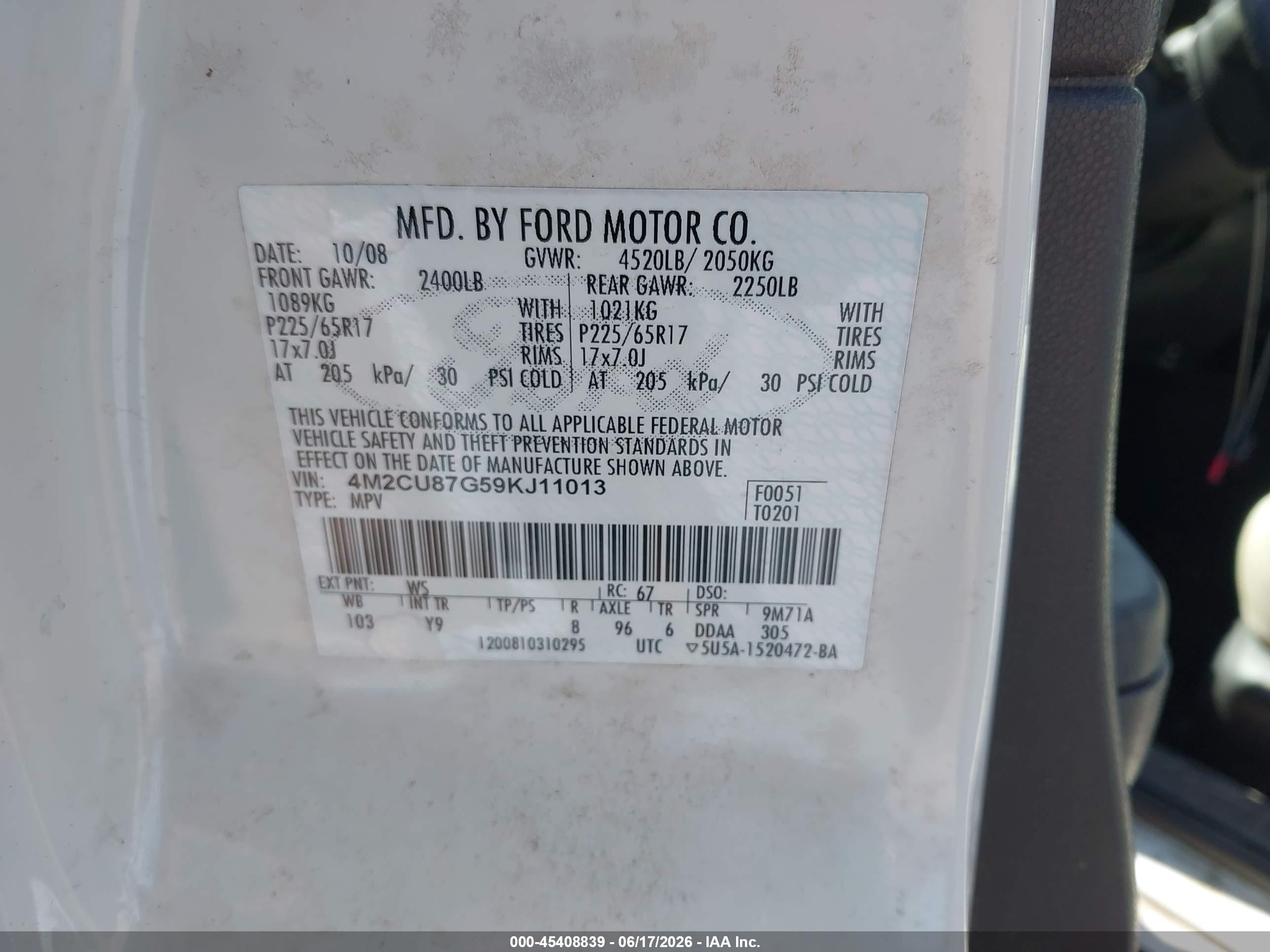 2009 Mercury Mariner Premier V6 Белый vin: 4M2CU87G59KJ11013