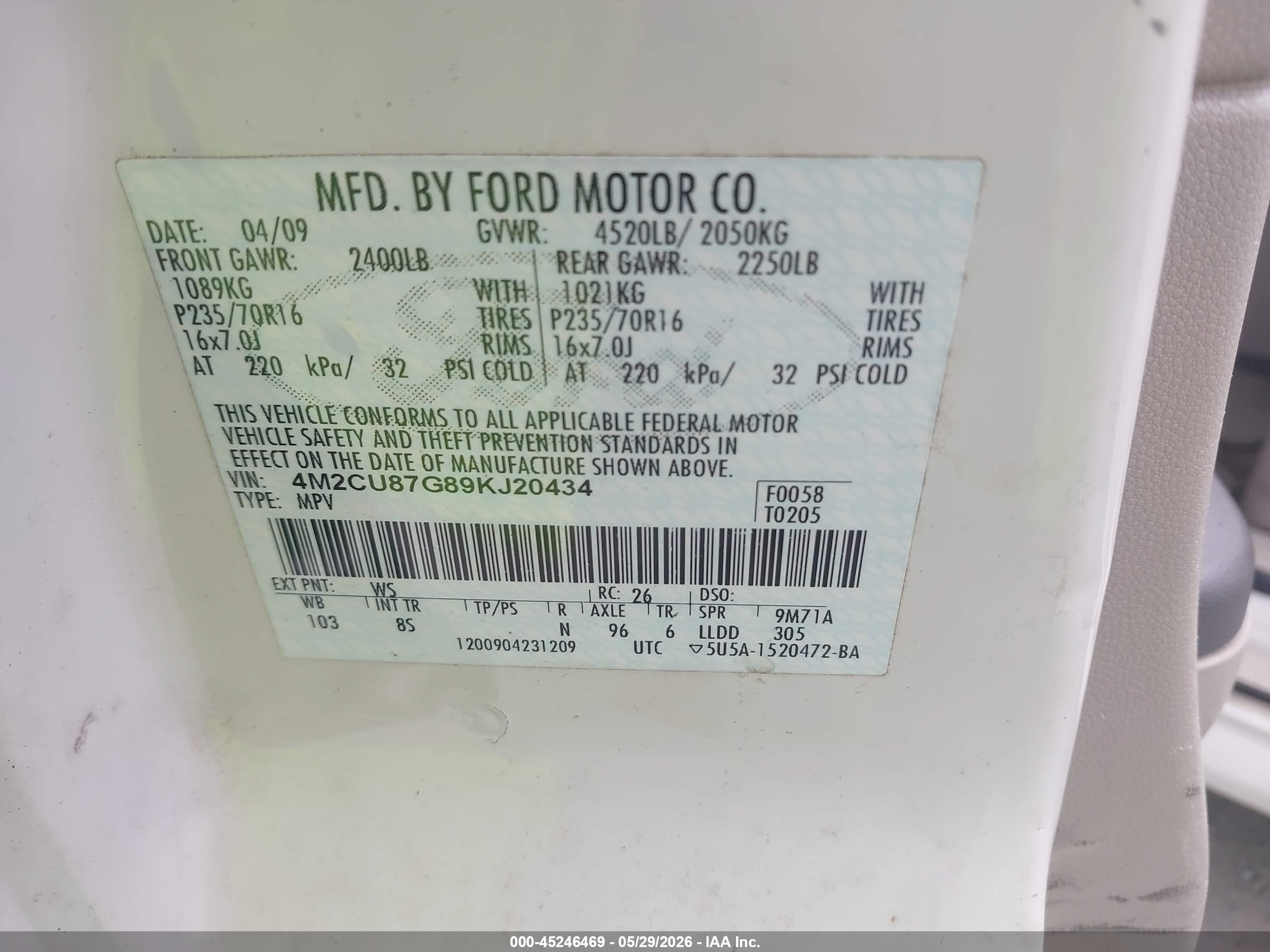 2009 Mercury Mariner Premier V6 White vin: 4M2CU87G89KJ20434