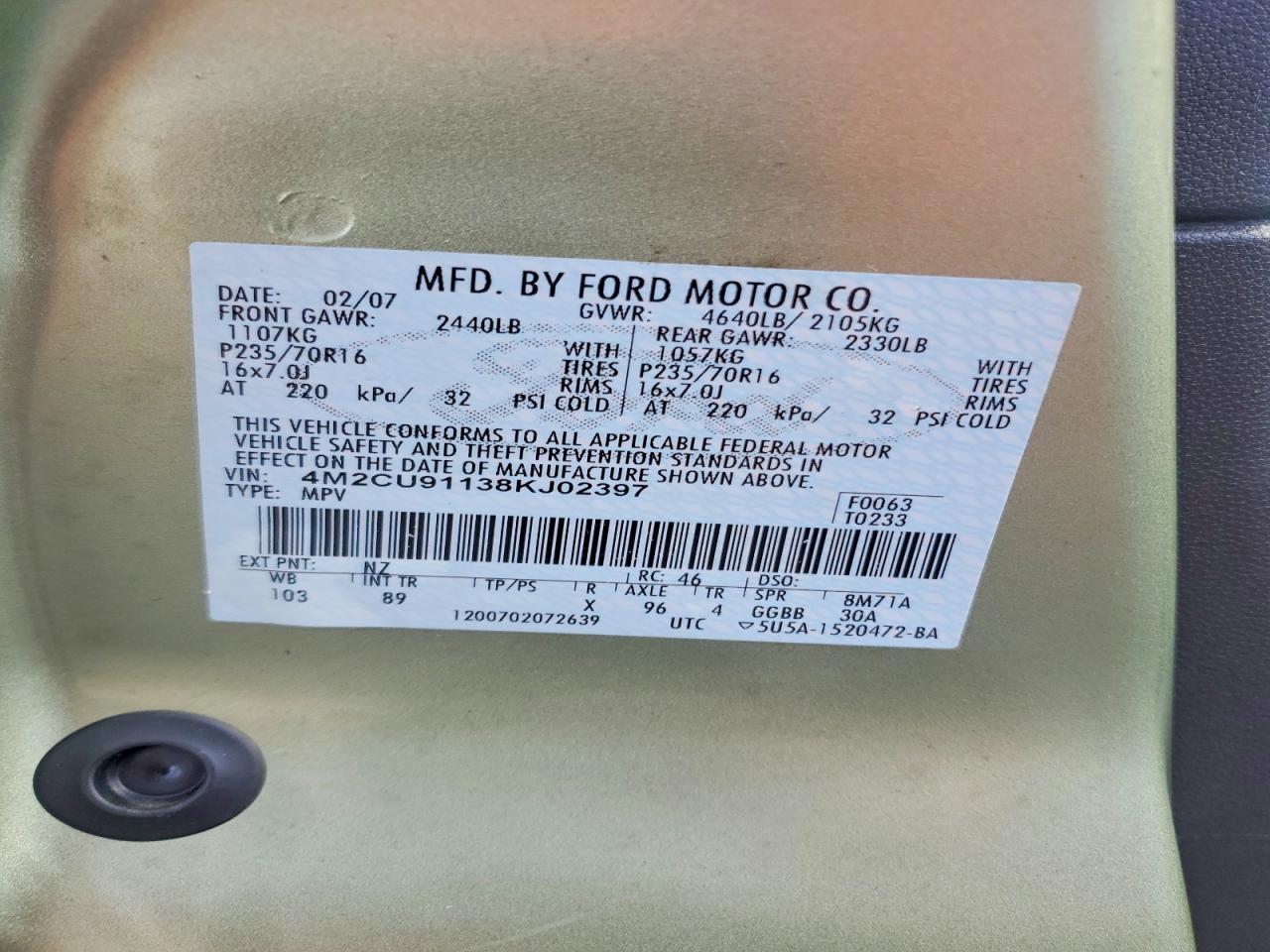 2008 Mercury Mariner Green vin: 4M2CU91138KJ02397
