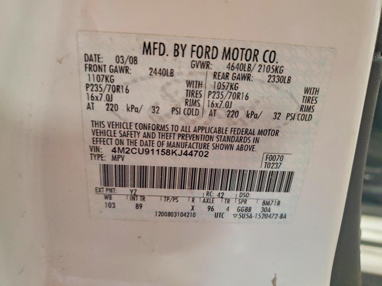 2008 Mercury Mariner White vin: 4M2CU91158KJ44702