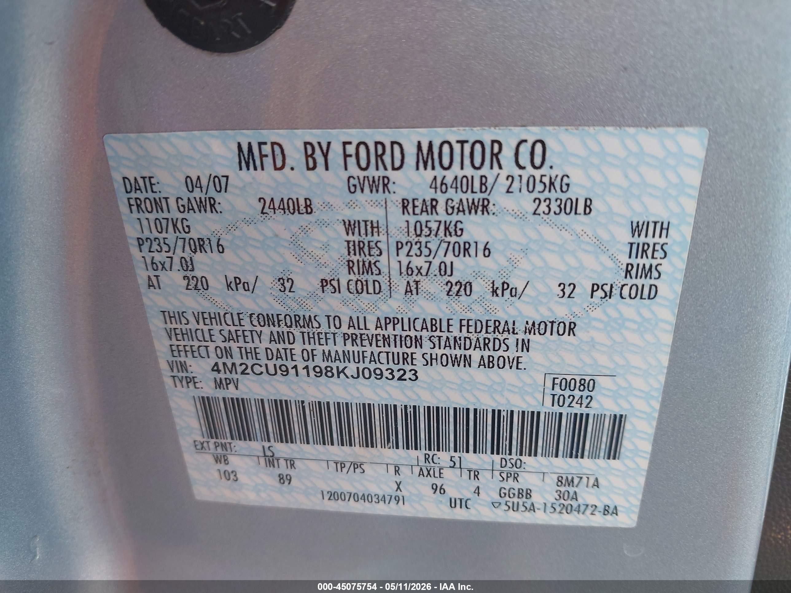 2008 Mercury Mariner V6 Light Blue vin: 4M2CU91198KJ09323