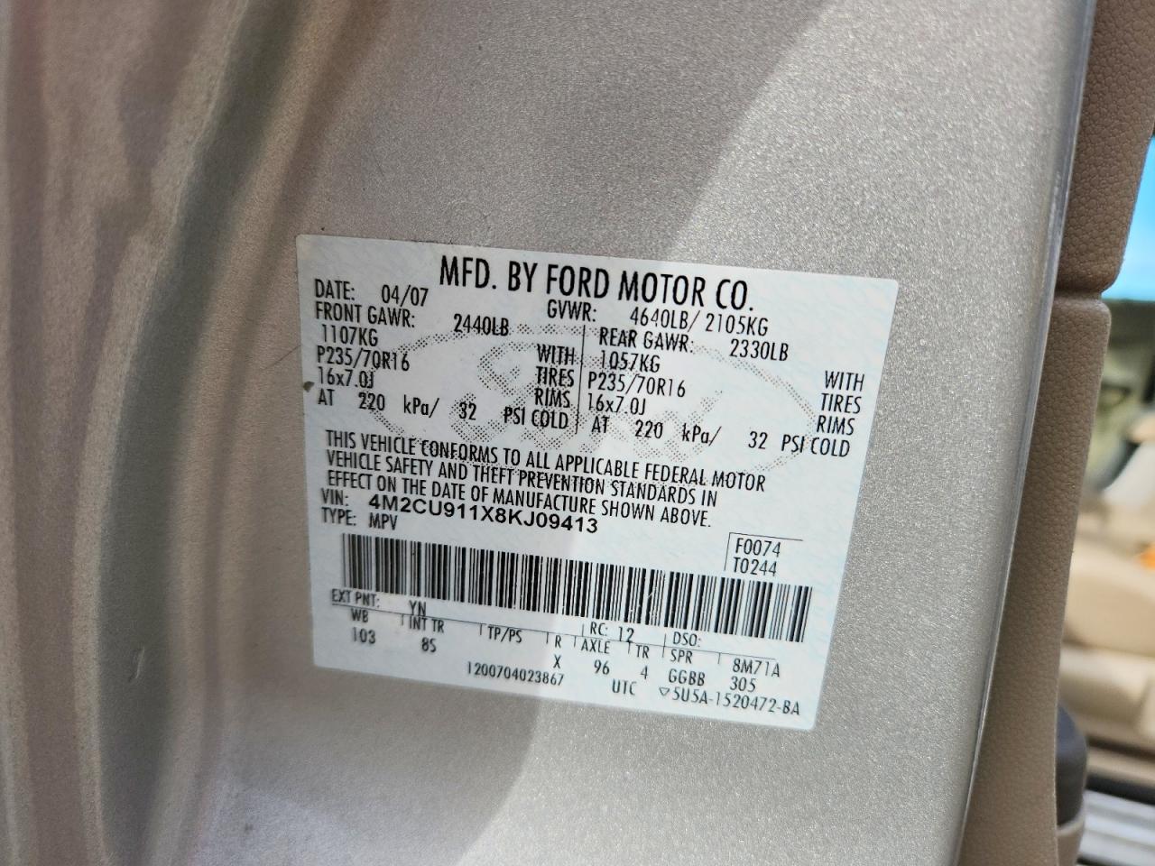 2008 Mercury Mariner Silver vin: 4M2CU911X8KJ09413