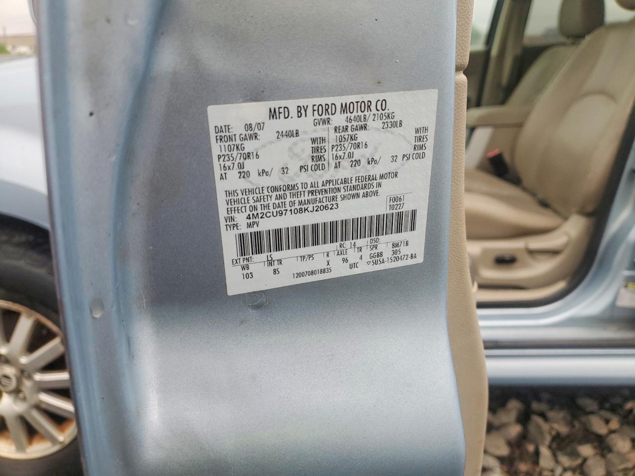 2008 Mercury Mariner Premier Blue vin: 4M2CU97108KJ20623