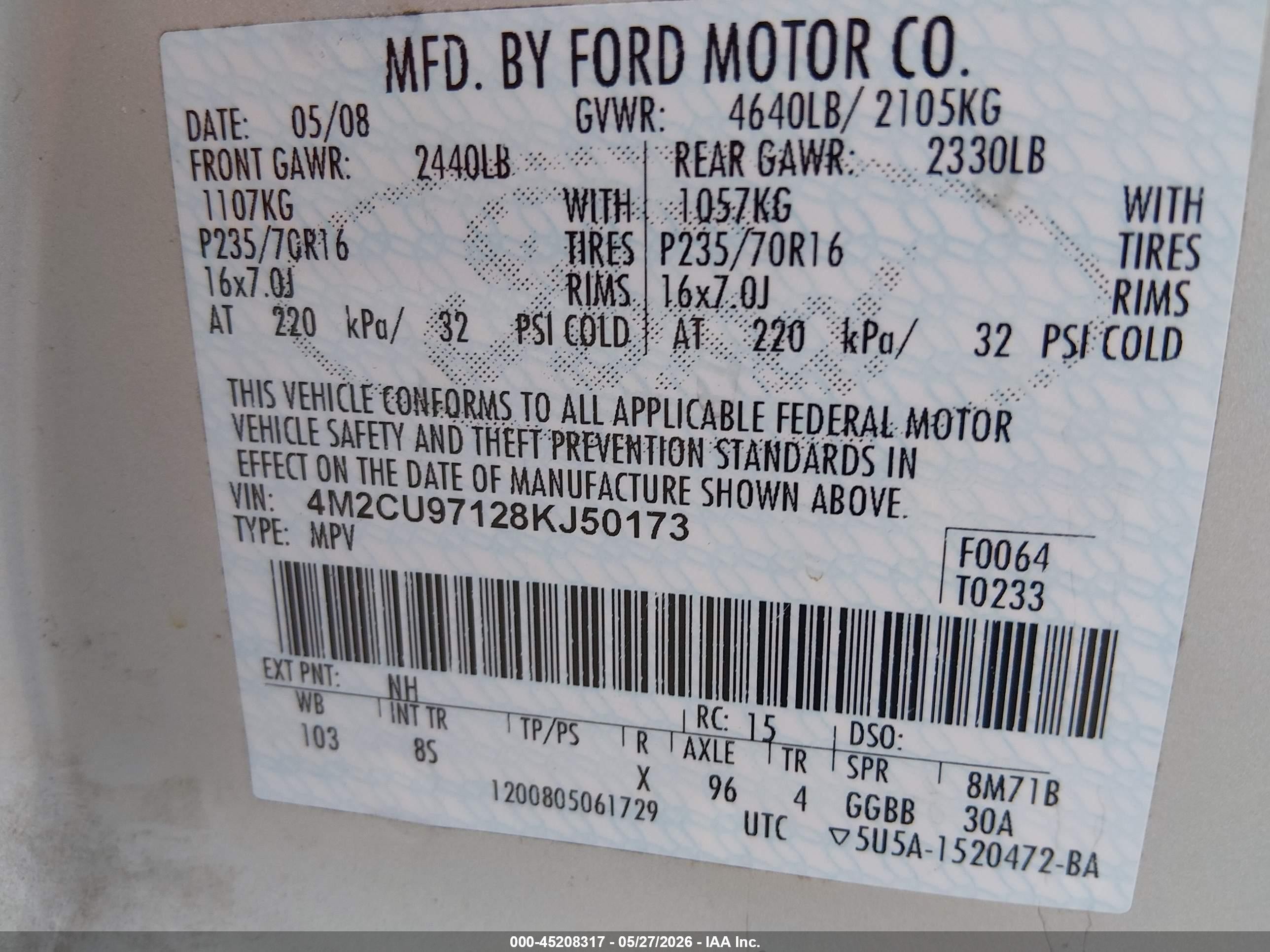 2008 Mercury Mariner Premier Cream vin: 4M2CU97128KJ50173