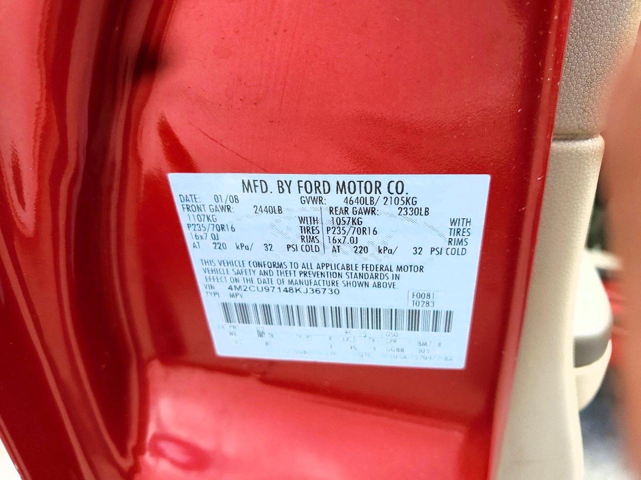 2008 Mercury Mariner Premier Red vin: 4M2CU97148KJ36730