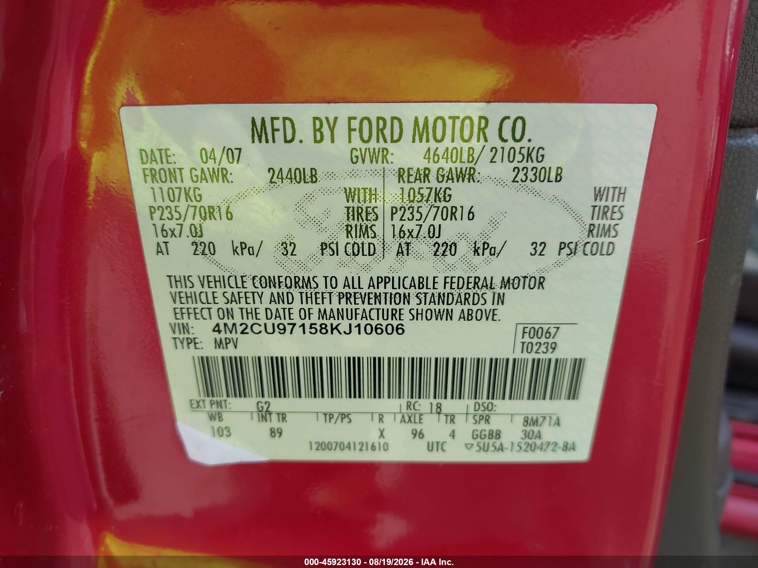 2008 Mercury Mariner Premier Red vin: 4M2CU97158KJ10606