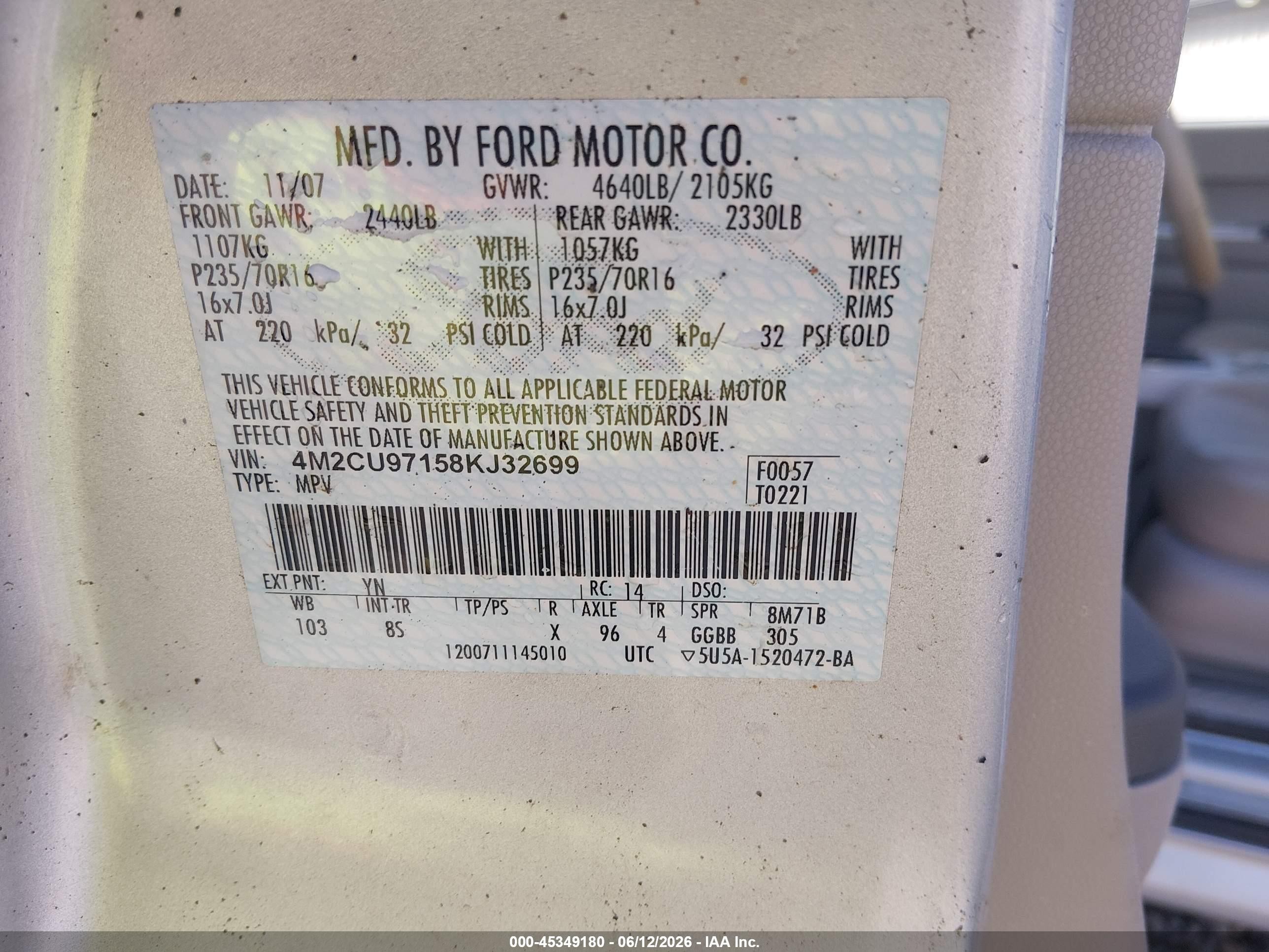 2008 Mercury Mariner Premier Silver vin: 4M2CU97158KJ32699