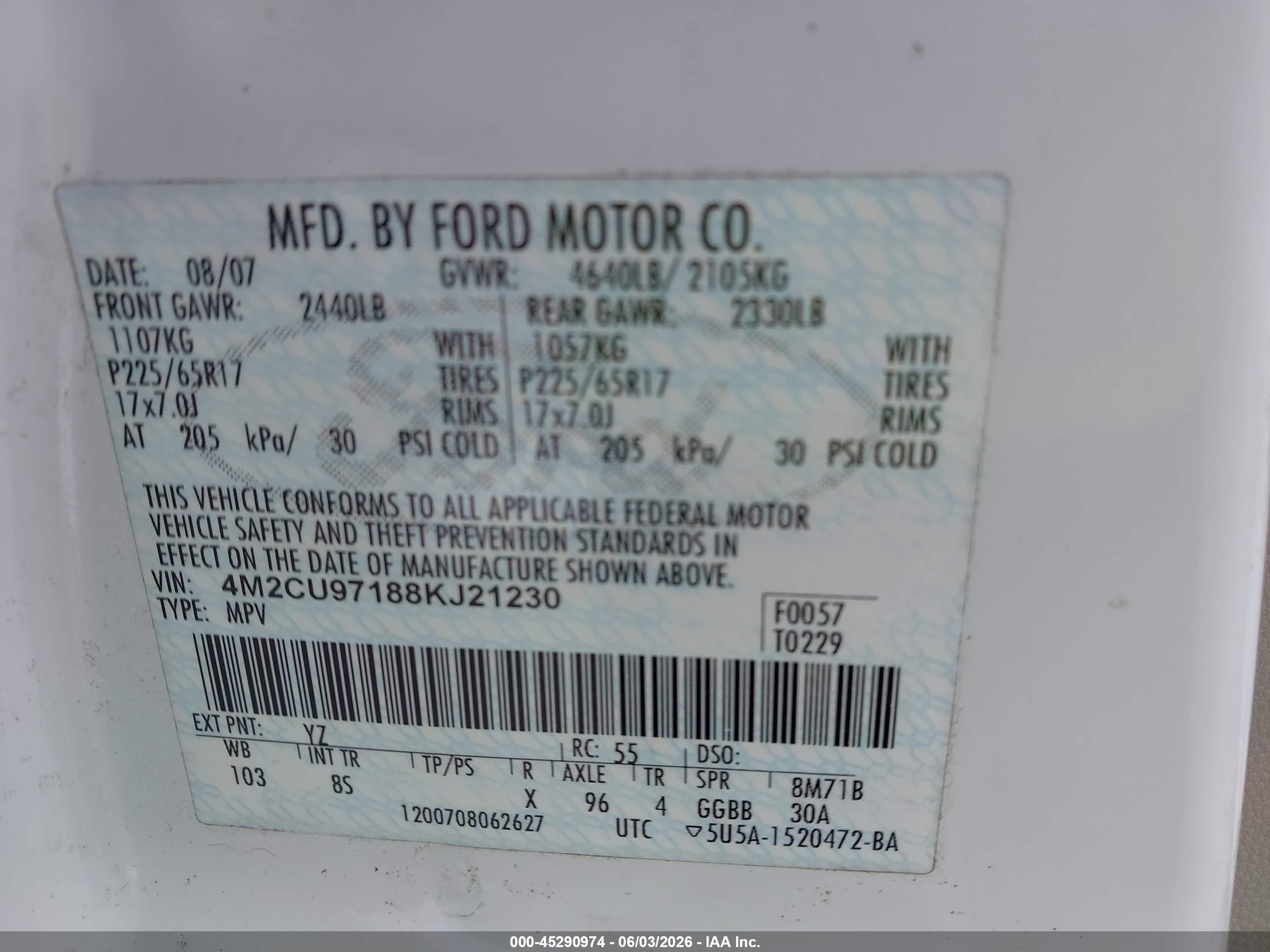 2008 Mercury Mariner Premier White vin: 4M2CU97188KJ21230