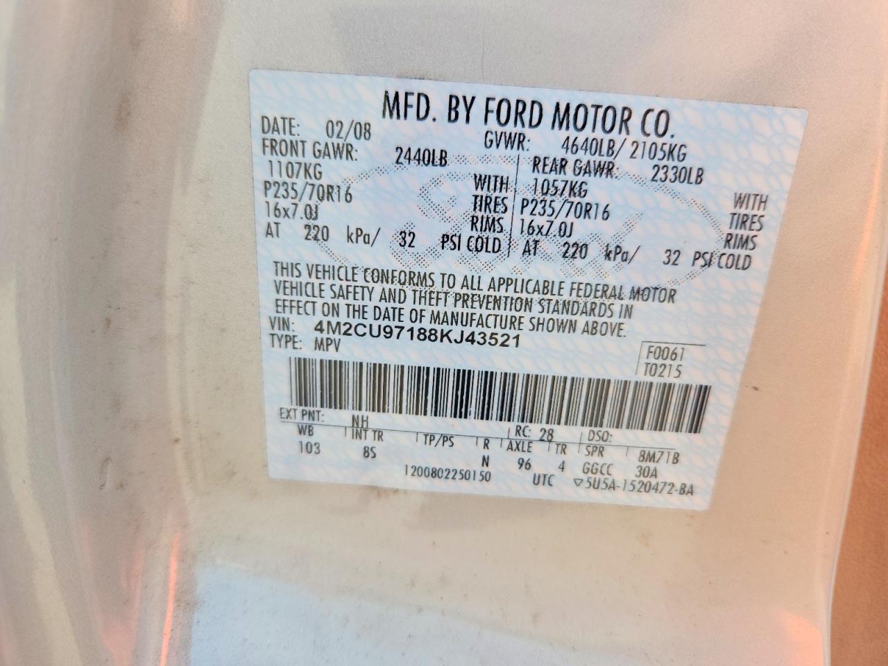 2008 Mercury Mariner Premier White vin: 4M2CU97188KJ43521