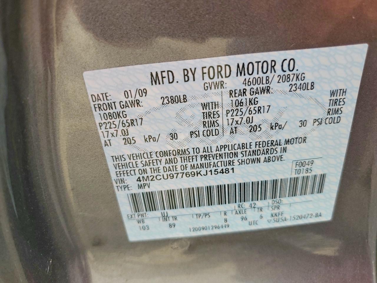 2009 Mercury Mariner Premier Charcoal vin: 4M2CU97769KJ15481