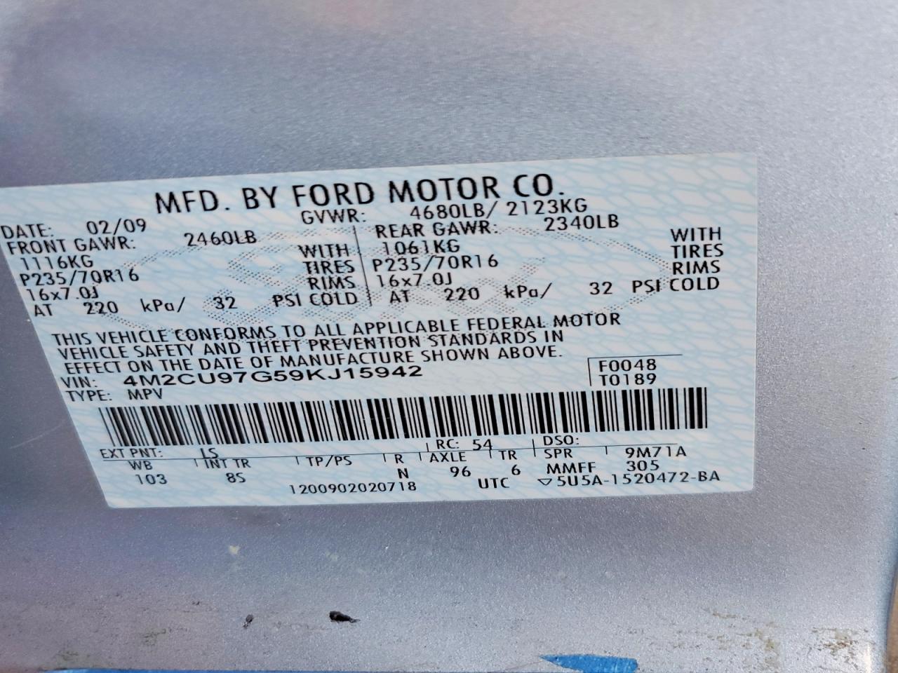 2009 Mercury Mariner Premier Blue vin: 4M2CU97G59KJ15942