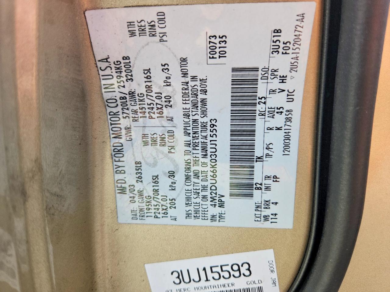 2003 Mercury Mountaineer Золотой vin: 4M2DU66K03UJ15593