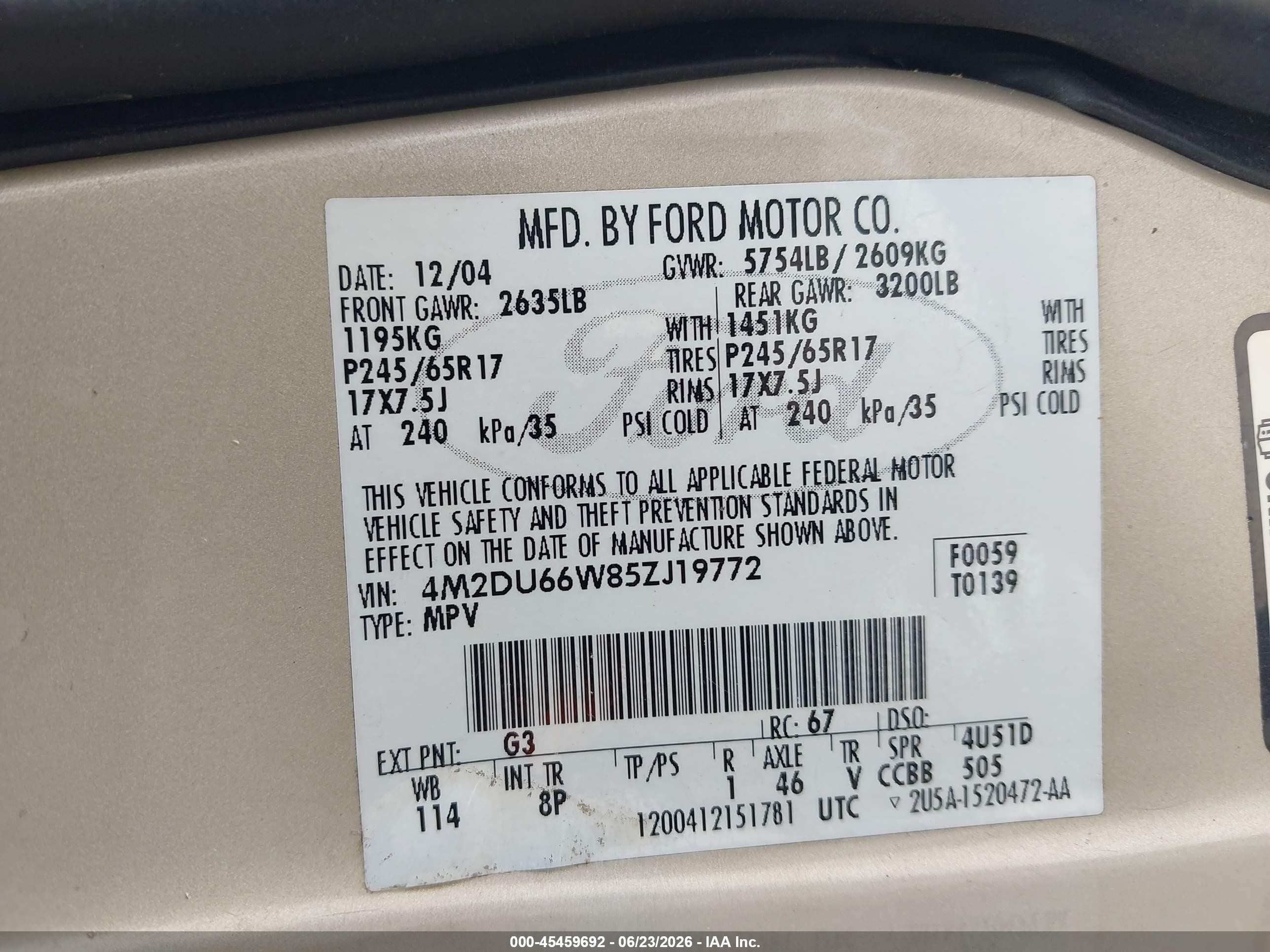 2005 Mercury Mountaineer Cream vin: 4M2DU66W85ZJ19772