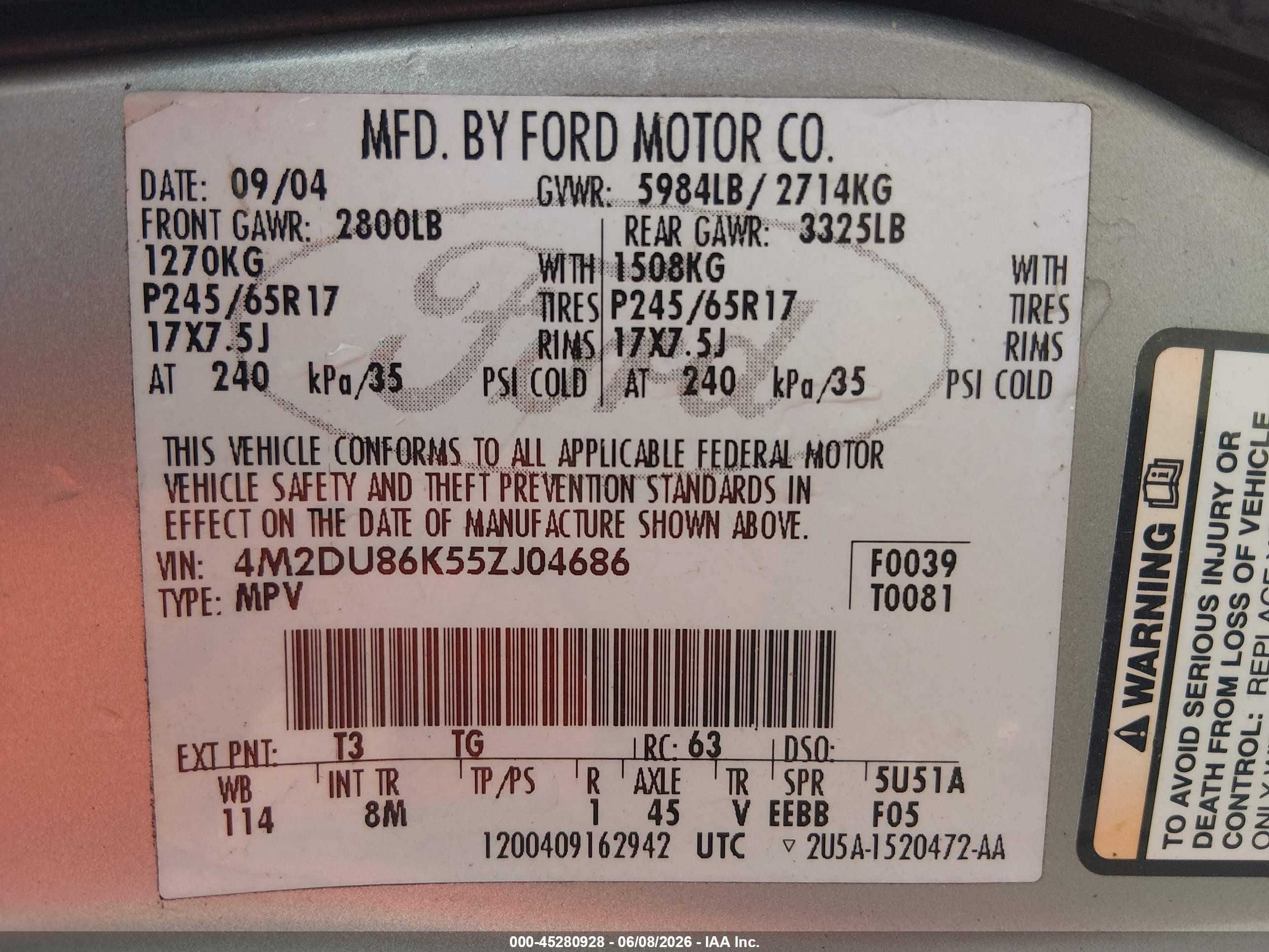 2005 Mercury Mountaineer   Gray vin: 4M2DU86K55ZJ04686