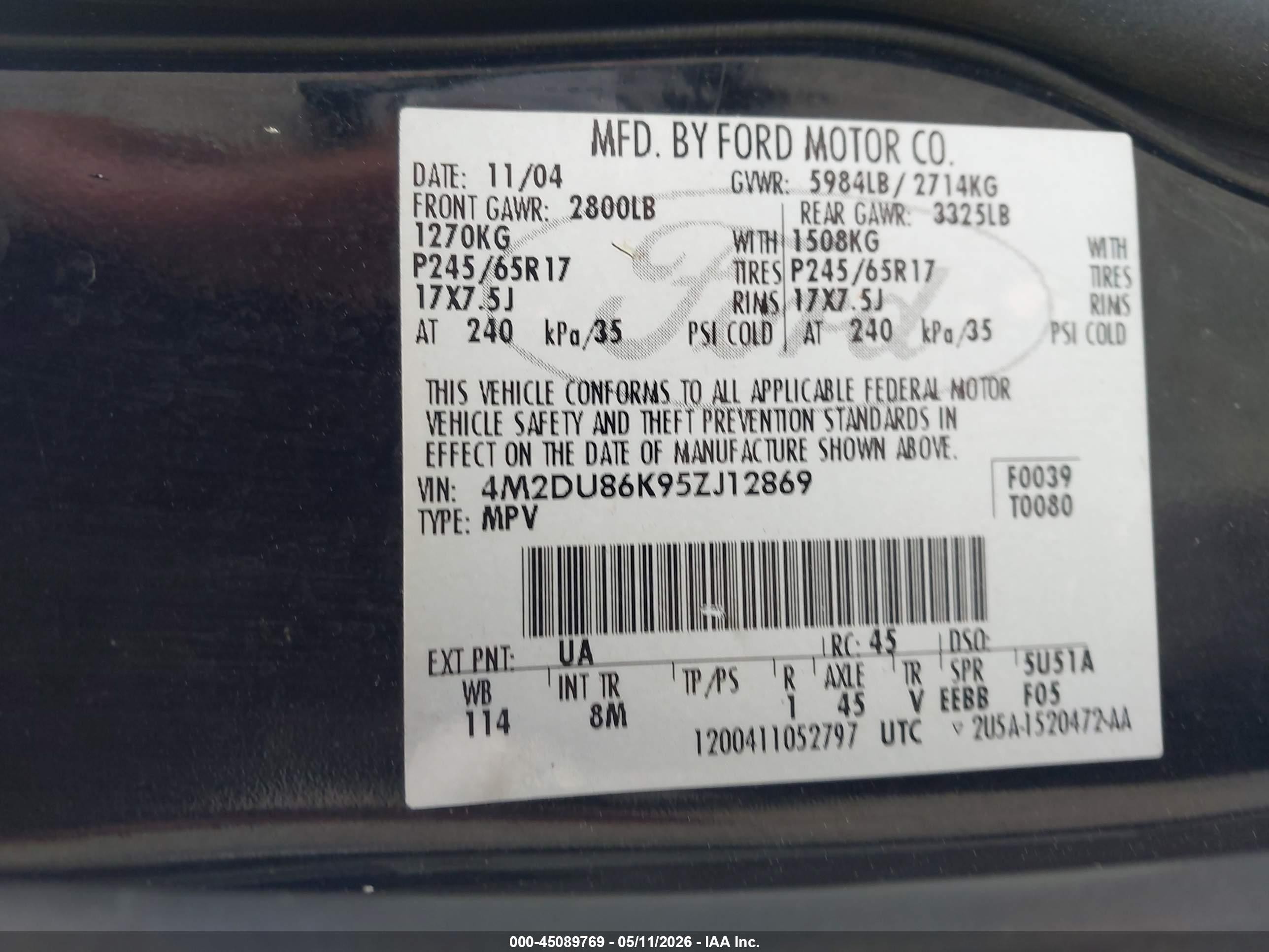 2005 Mercury Mountaineer   Black vin: 4M2DU86K95ZJ12869