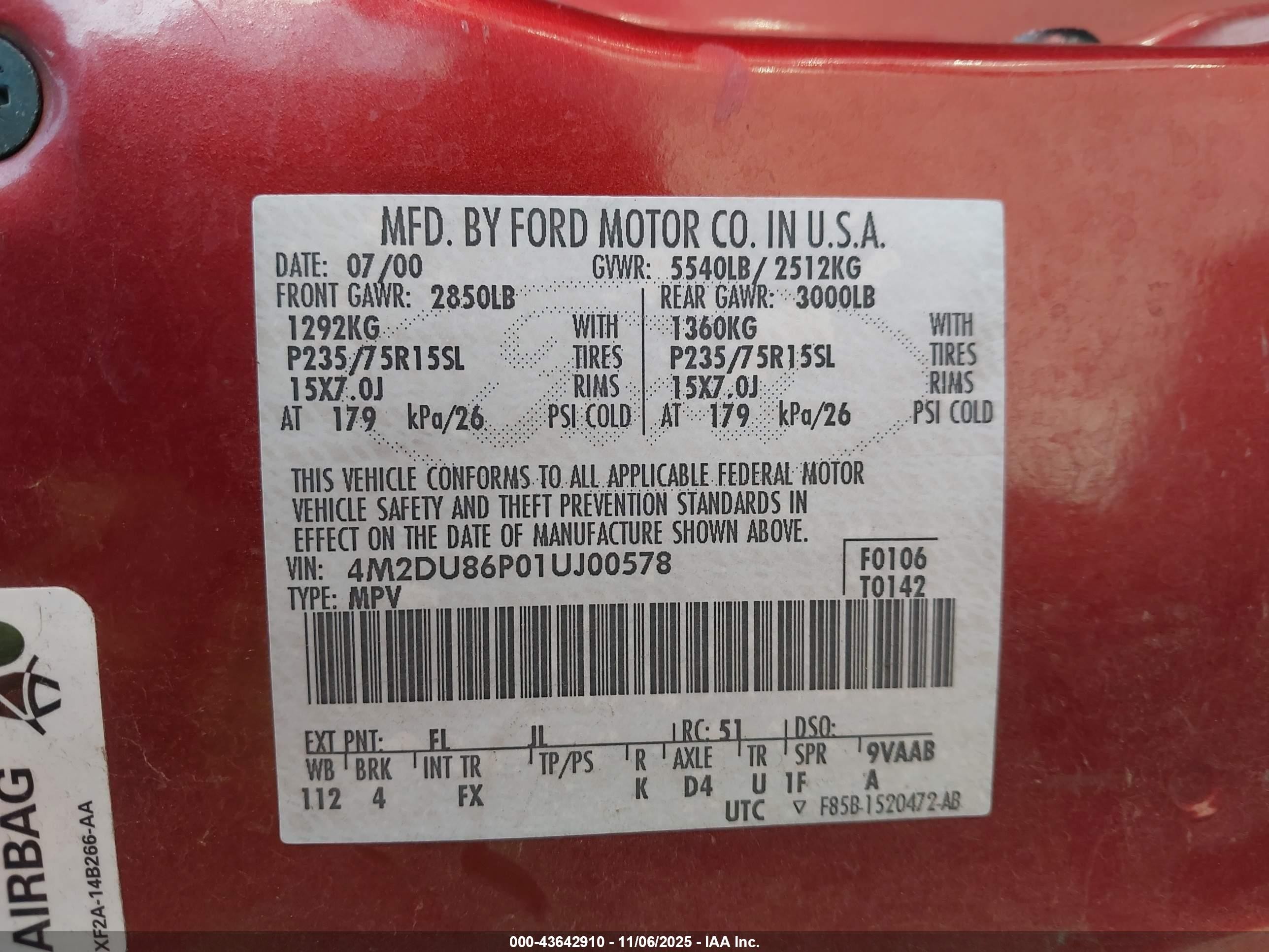 2001 Mercury Mountaineer   Red vin: 4M2DU86P01UJ00578
