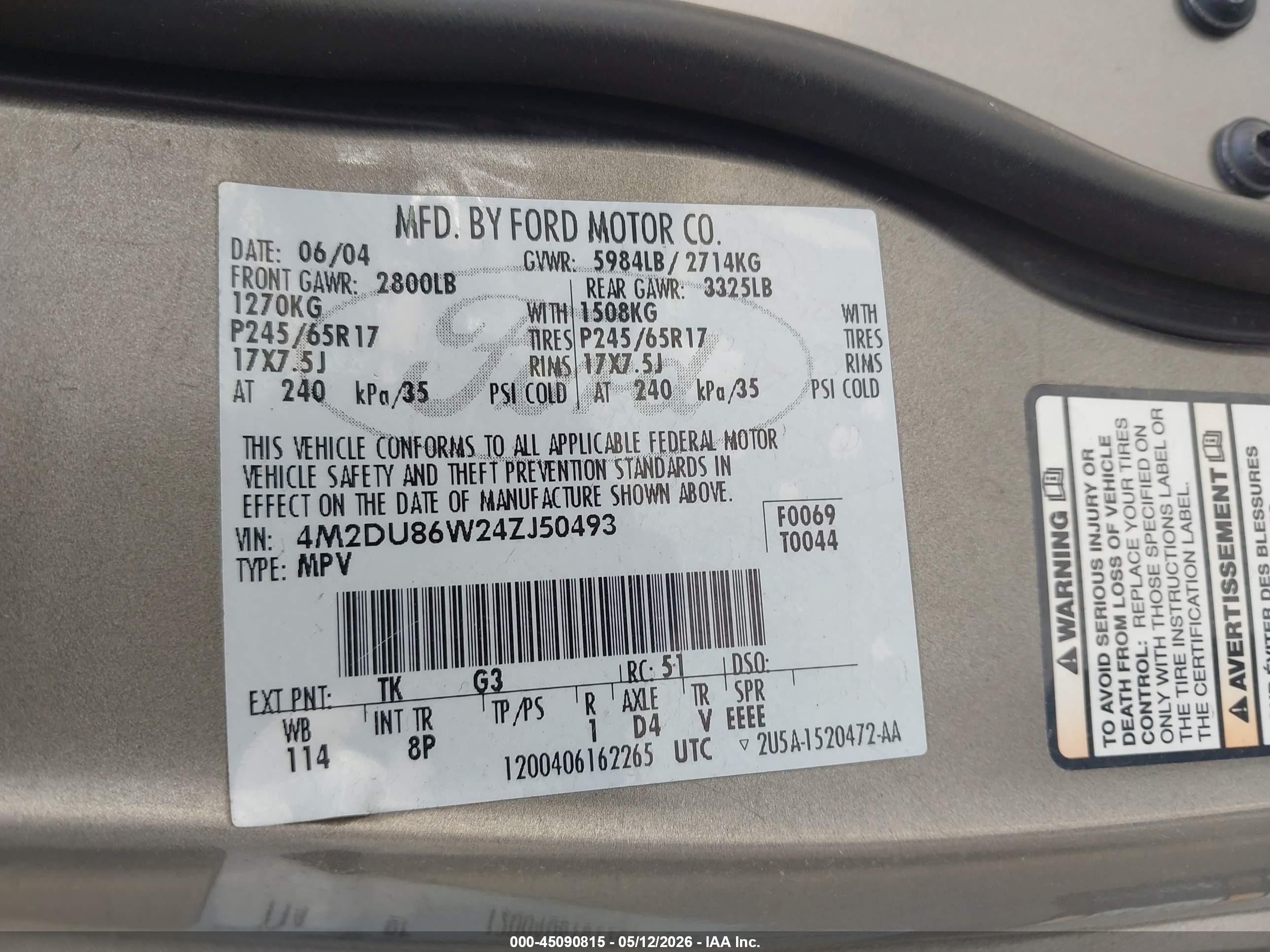 2004 Mercury Mountaineer   Gold vin: 4M2DU86W24ZJ50493