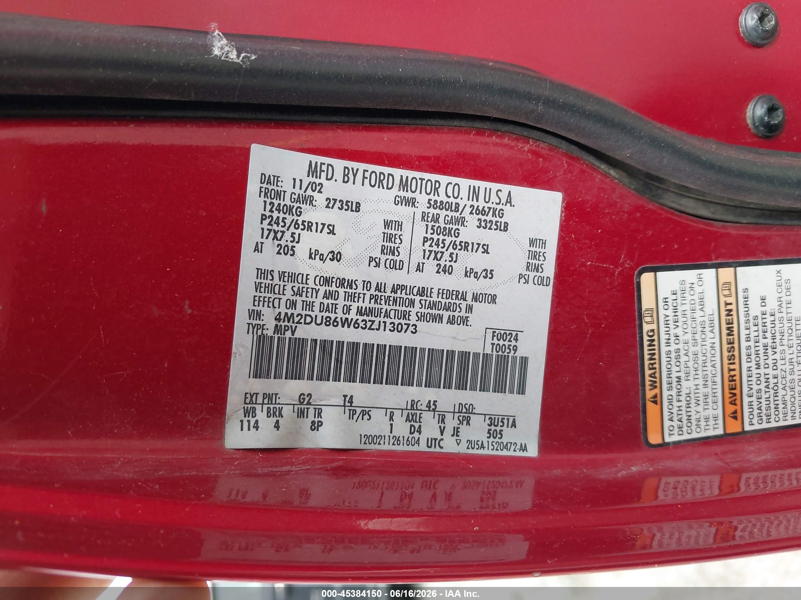 2003 Mercury Mountaineer   Red vin: 4M2DU86W63ZJ13073