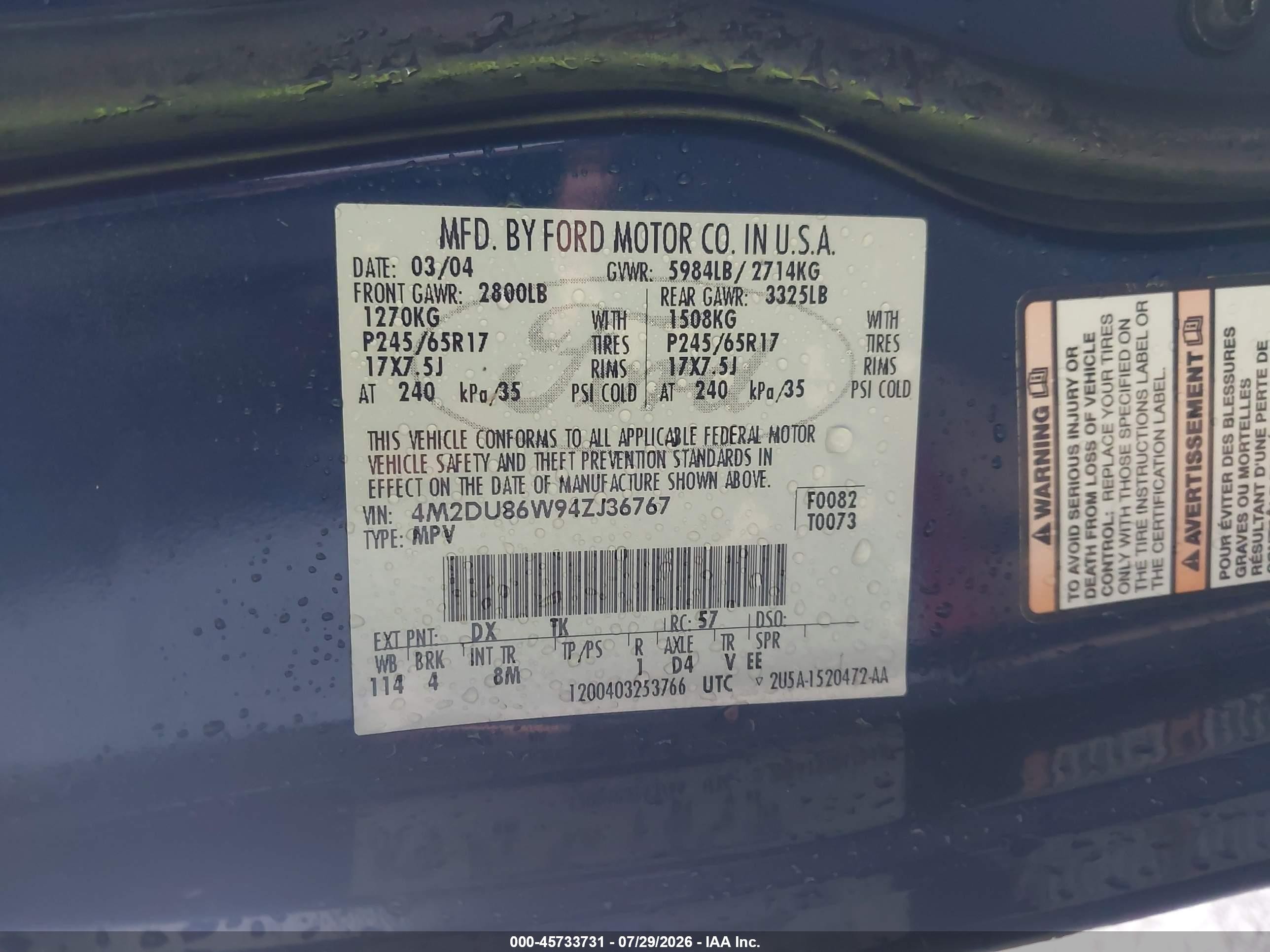 2004 Mercury Mountaineer   Blue vin: 4M2DU86W94ZJ36767