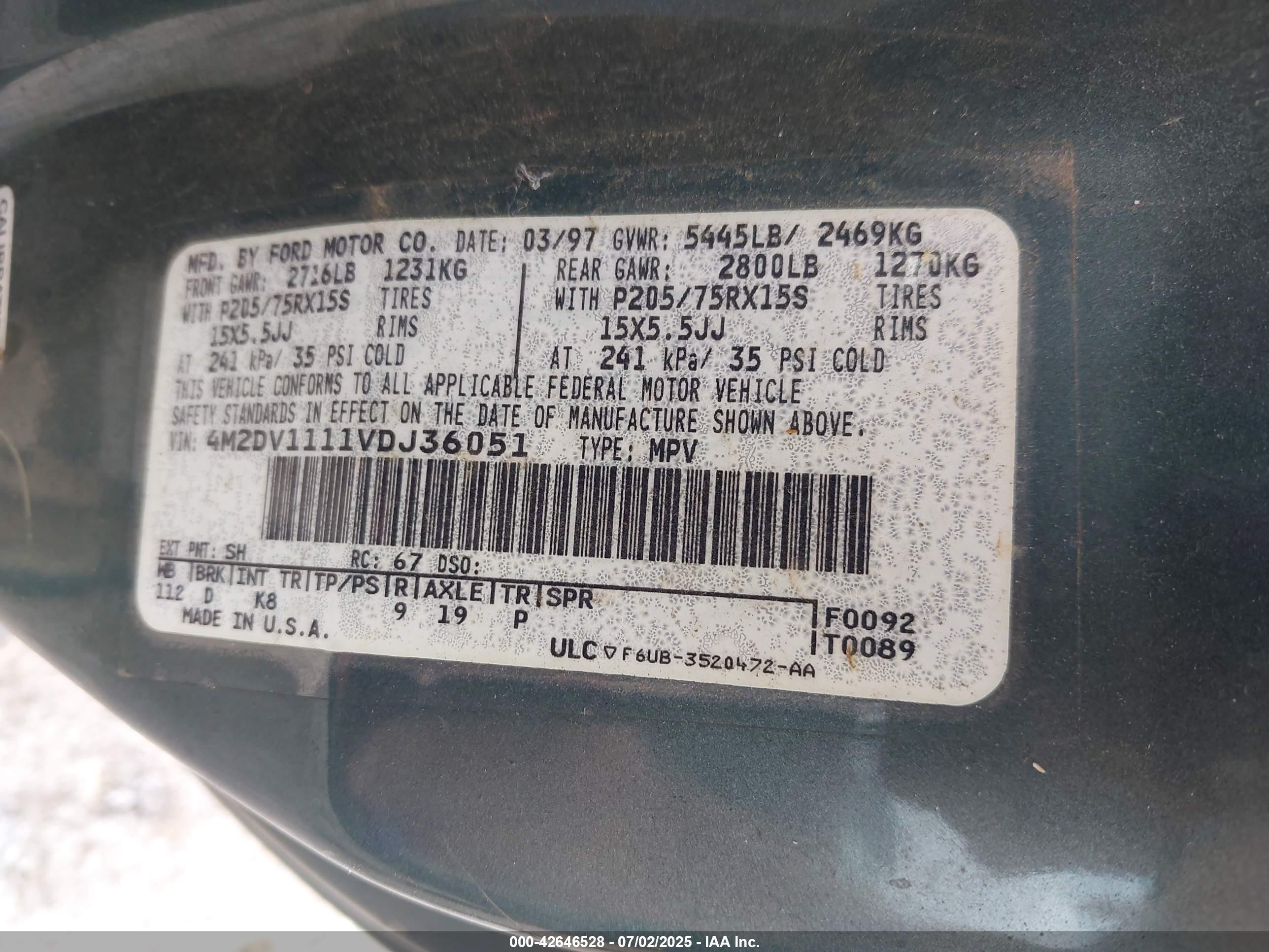 1997 Mercury Villager Gs/ls/nautica Green vin: 4M2DV1111VDJ36051