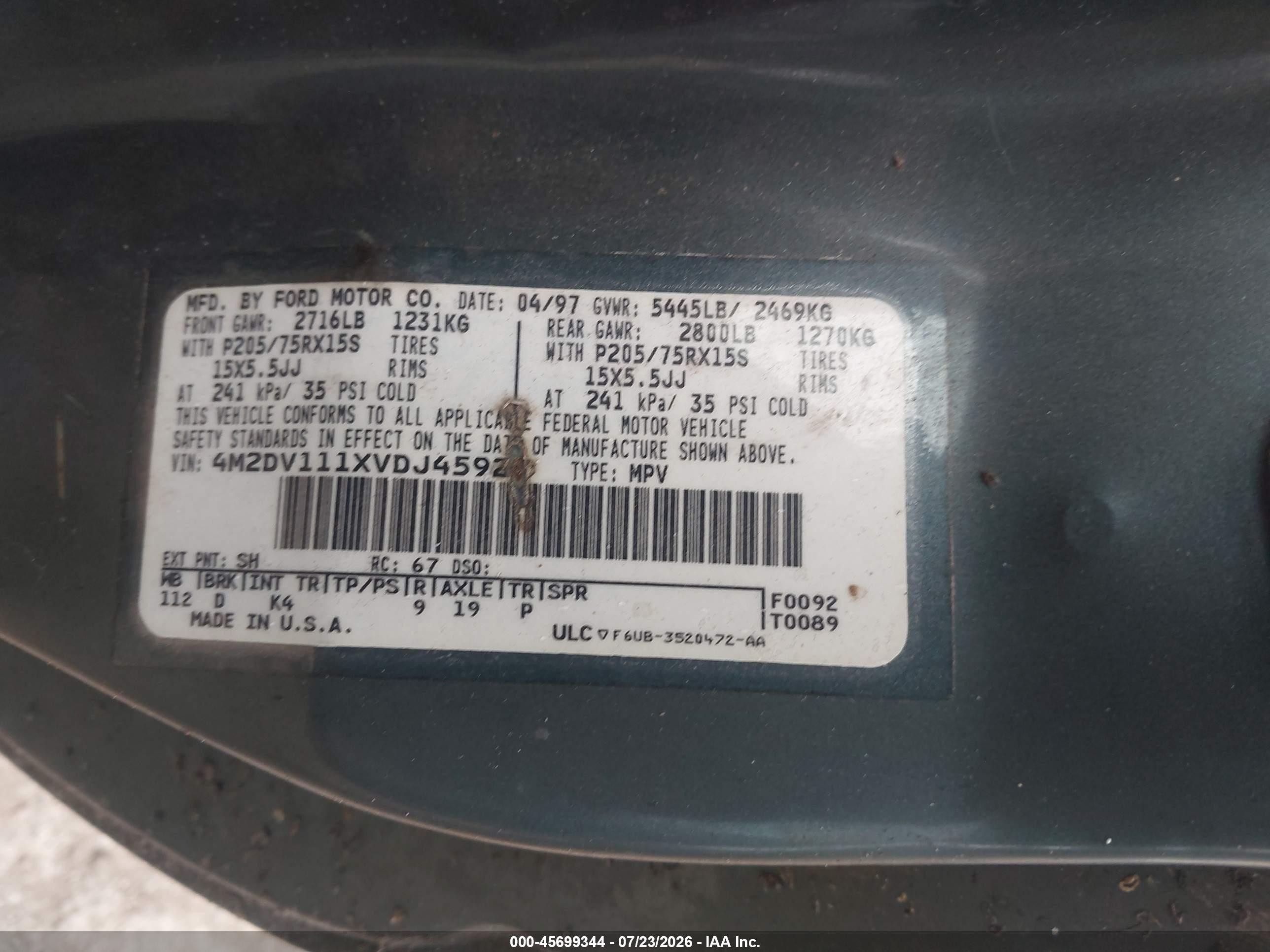 1997 Mercury Villager   Green vin: 4M2DV111XVDJ45928