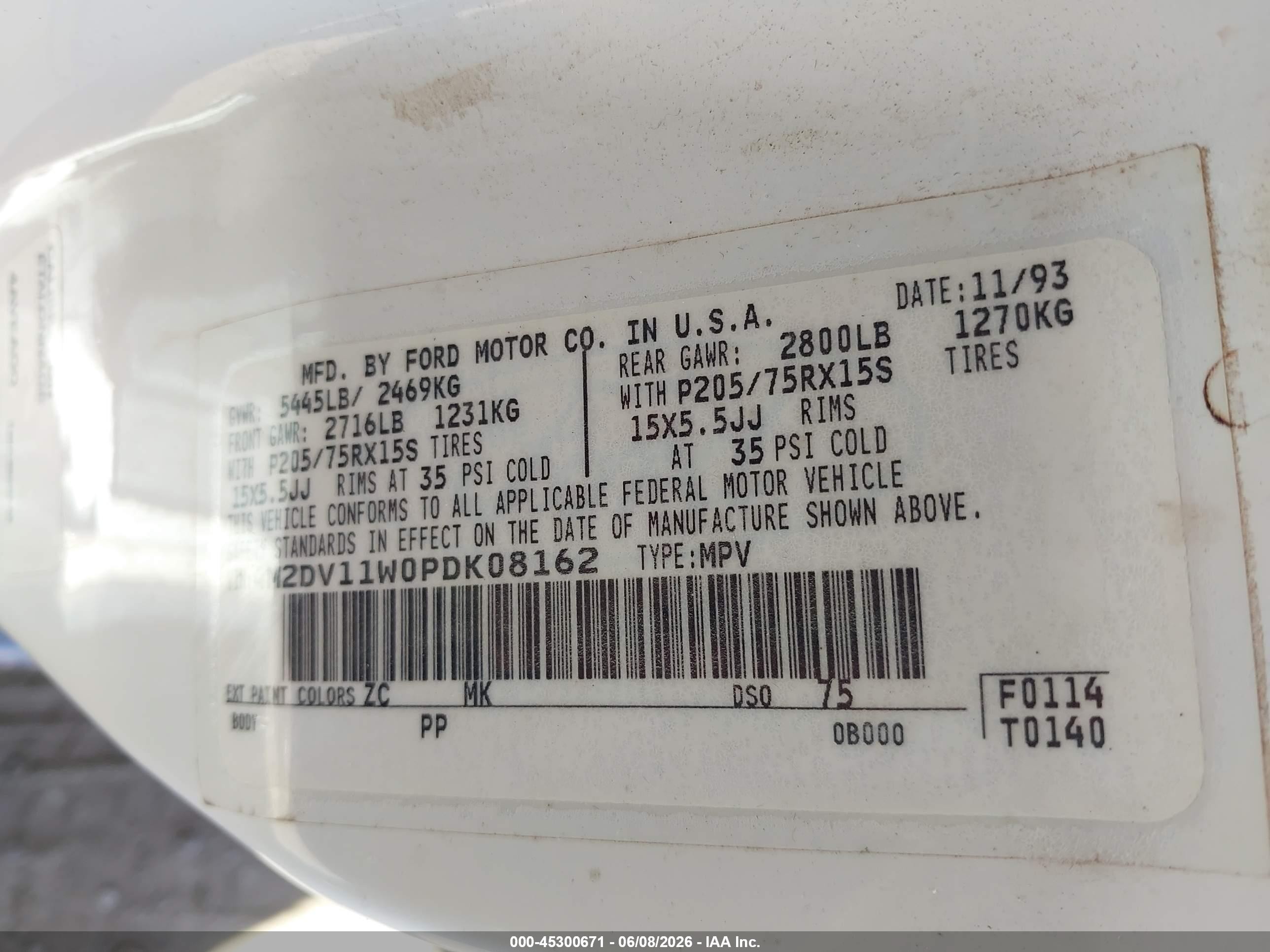 1993 Mercury Villager   White vin: 4M2DV11W0PDK08162