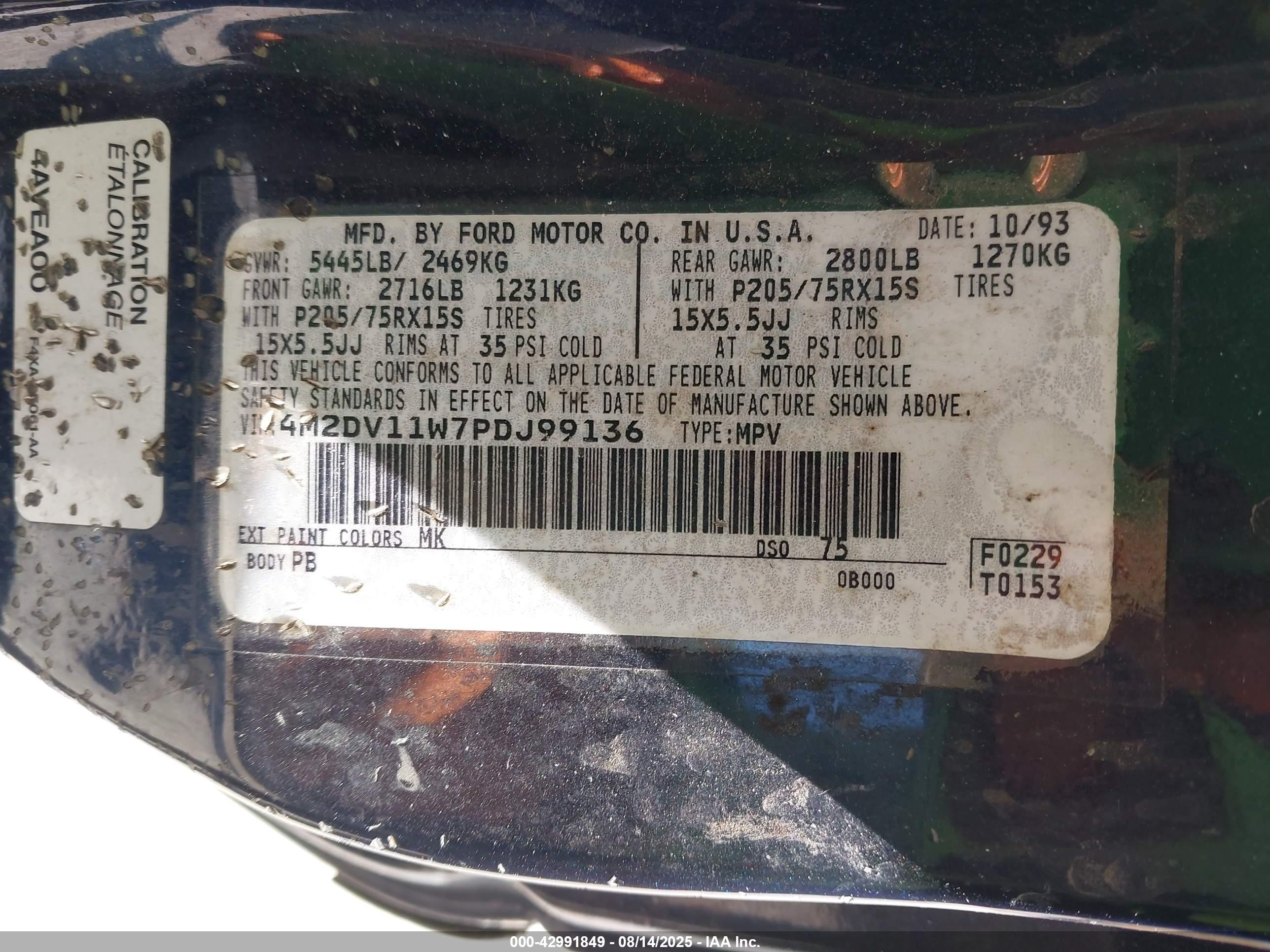 1993 Mercury Villager   Blue vin: 4M2DV11W7PDJ99136