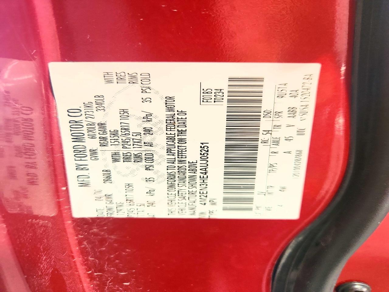 2010 Mercury Mountaineer Luxury Red vin: 4M2EN3HE4AUJ05251