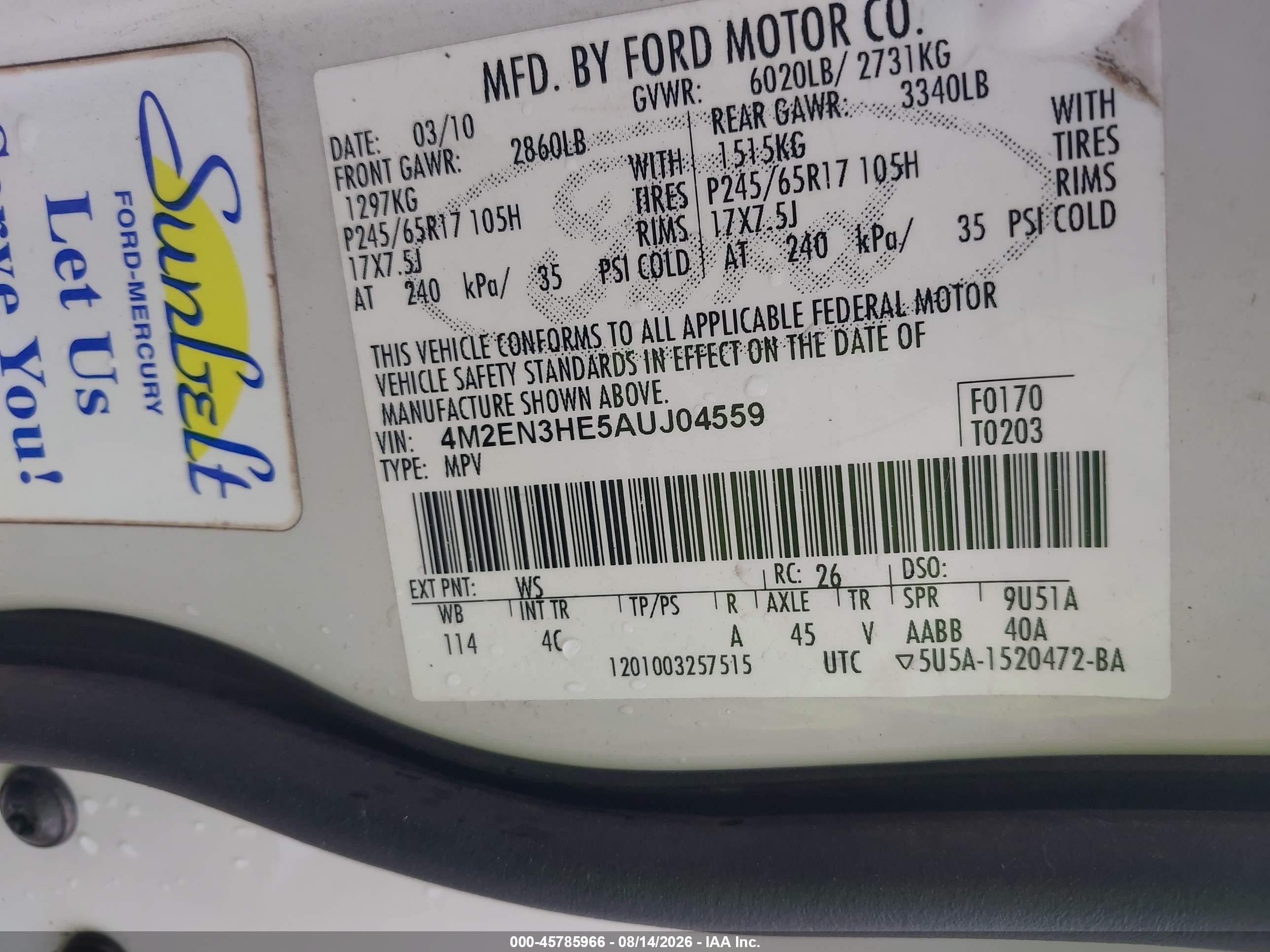 2010 Mercury Mountaineer   White vin: 4M2EN3HE5AUJ04559