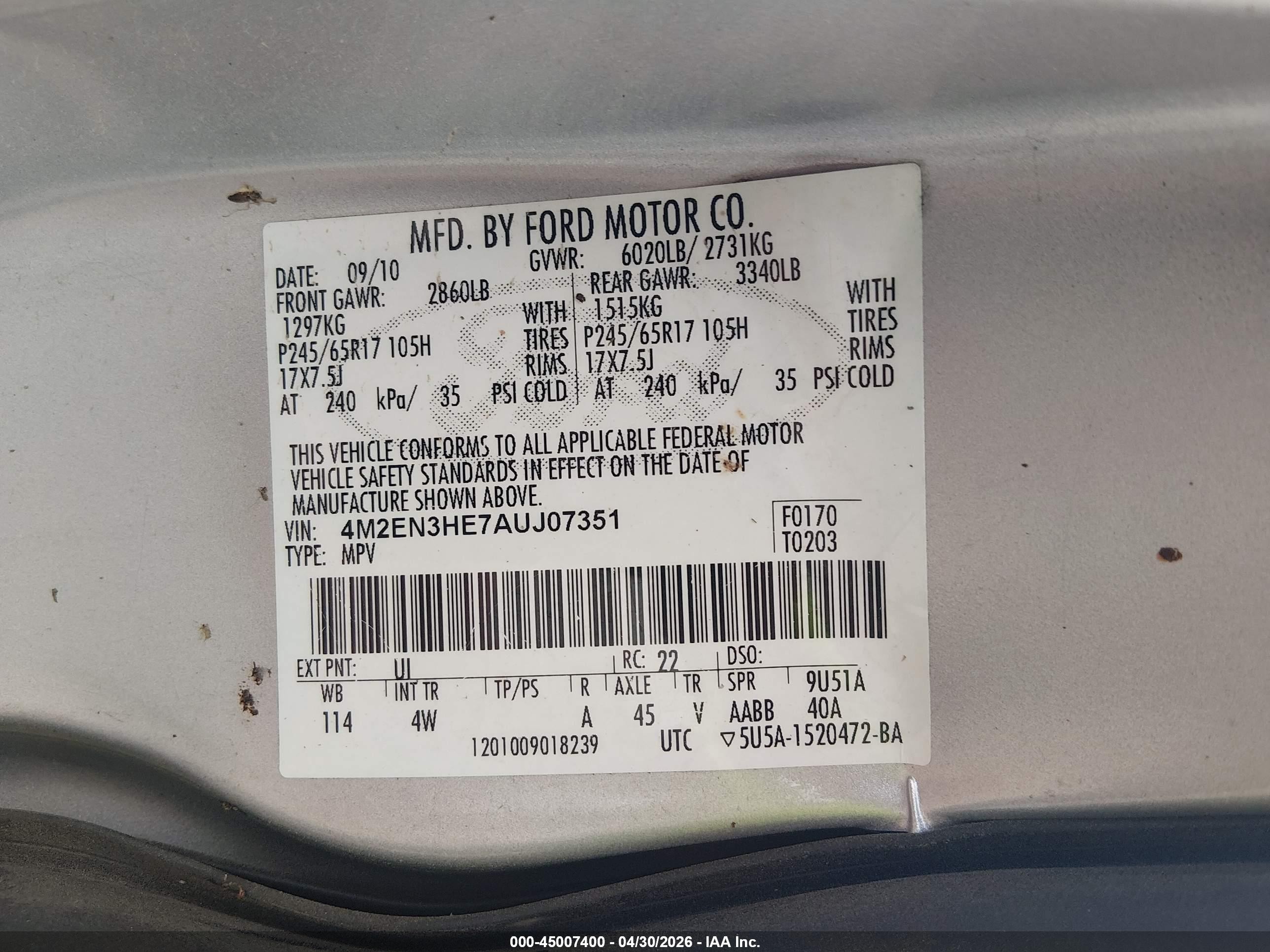 2010 Mercury Mountaineer   Silver vin: 4M2EN3HE7AUJ07351