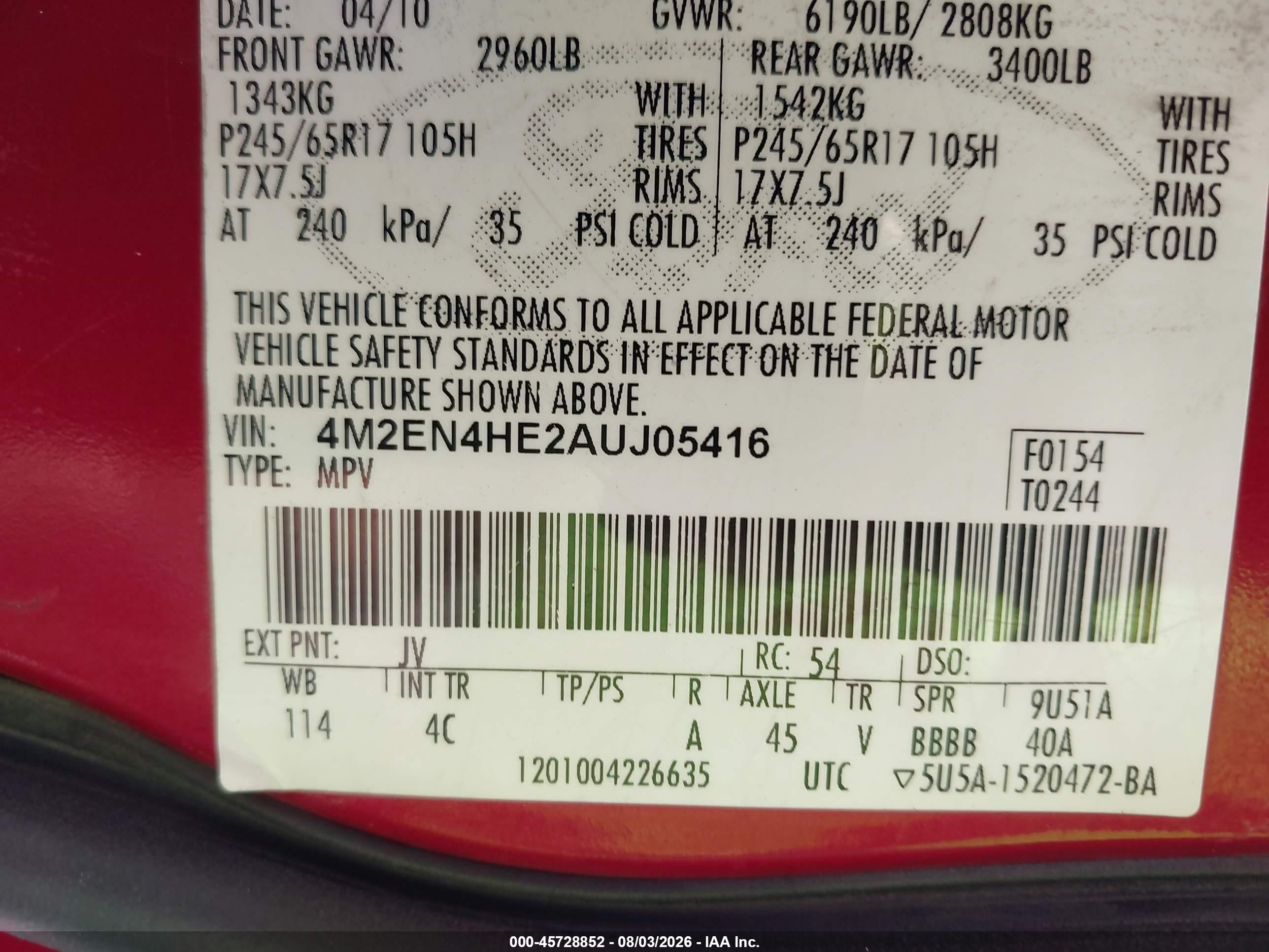 2010 Mercury Mountaineer   Red vin: 4M2EN4HE2AUJ05416