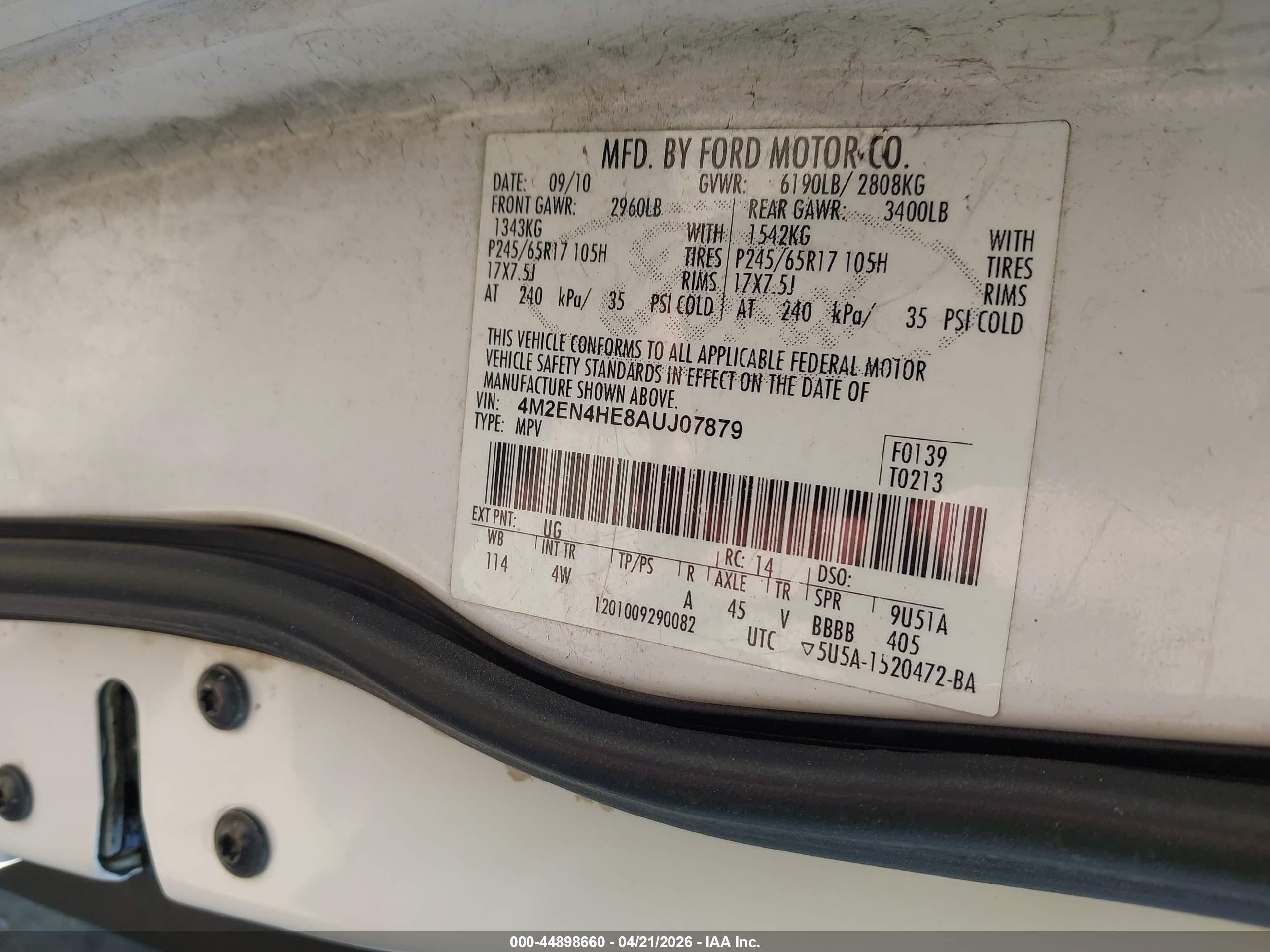 2010 Mercury Mountaineer   White vin: 4M2EN4HE8AUJ07879