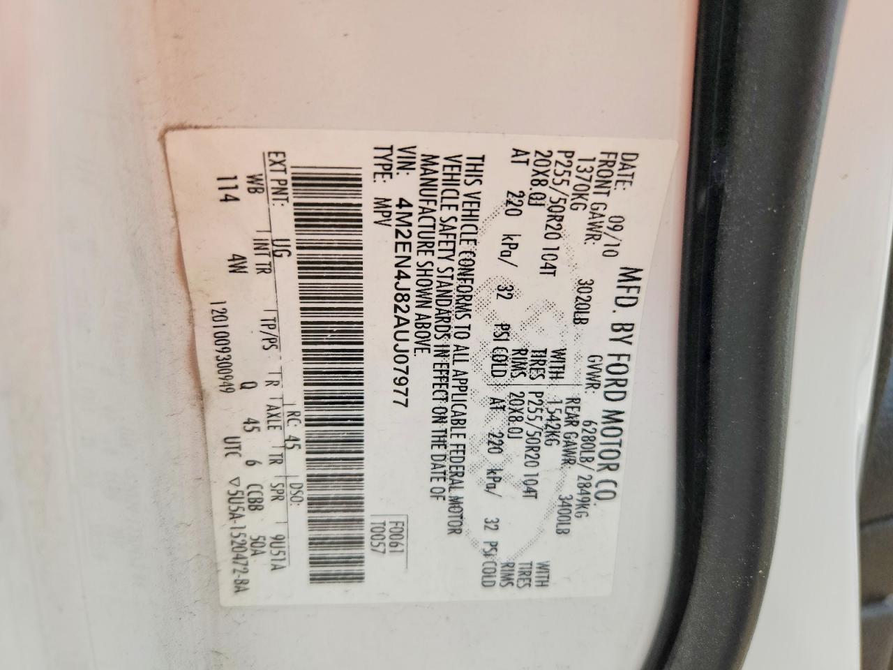 2010 Mercury Mountaineer Premier White vin: 4M2EN4J82AUJ07977