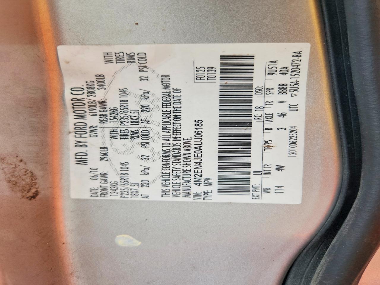 2010 Mercury Mountaineer Premier Silver vin: 4M2EN4JE0AUJ06185