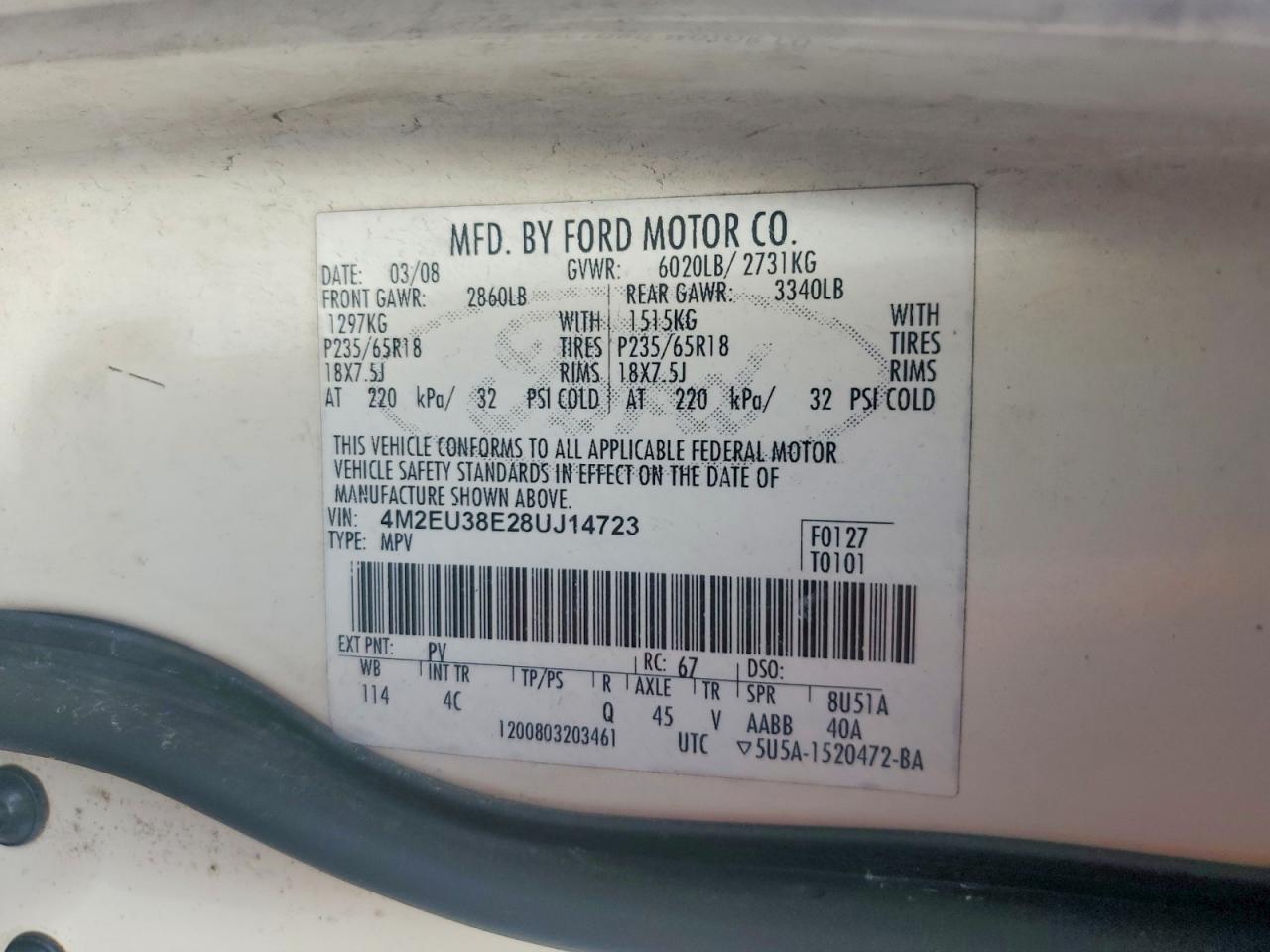 2008 Mercury Mountaineer Premier Cream vin: 4M2EU38E28UJ14723