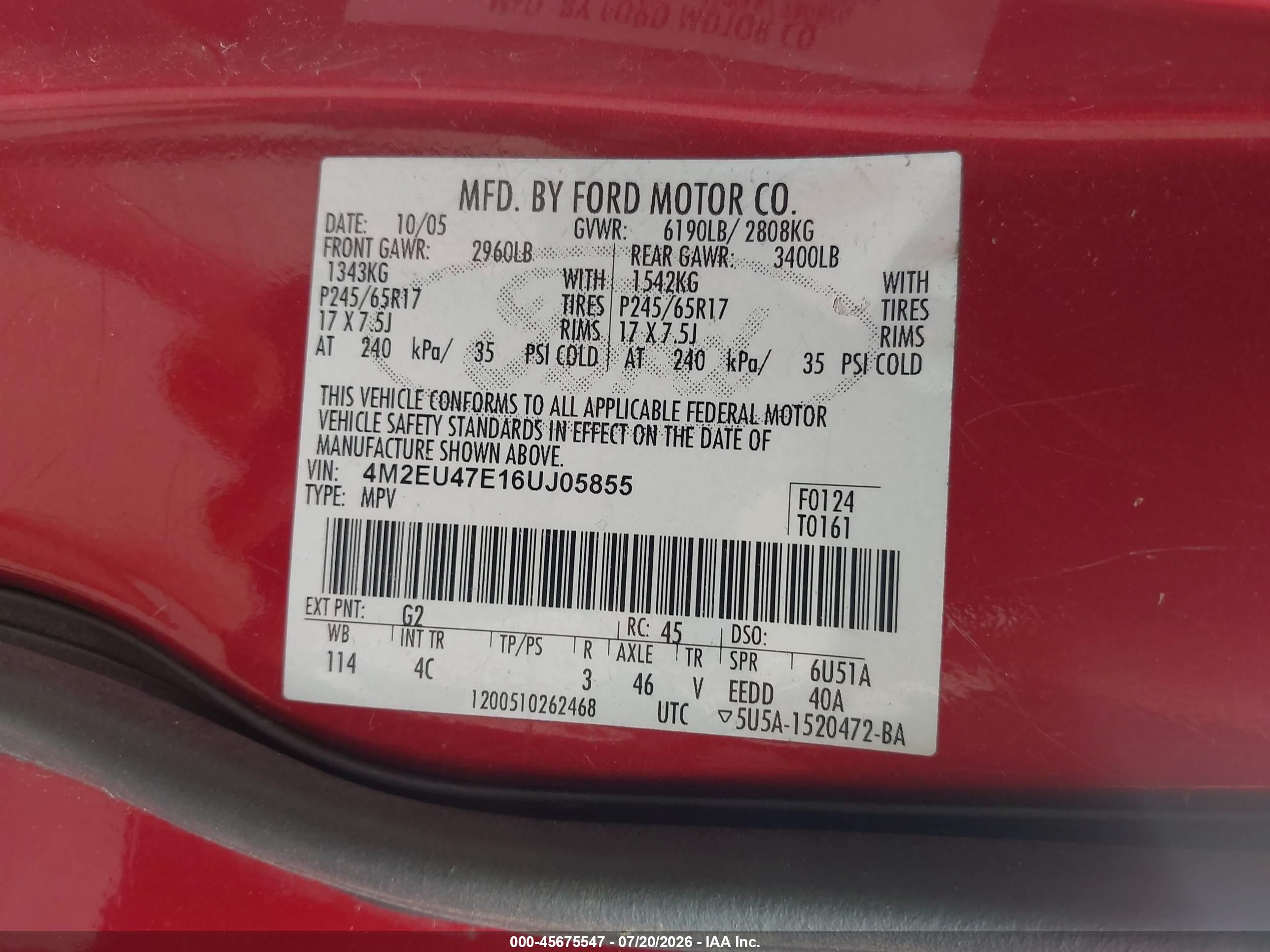 2006 Mercury Mountaineer Luxury Red vin: 4M2EU47E16UJ05855