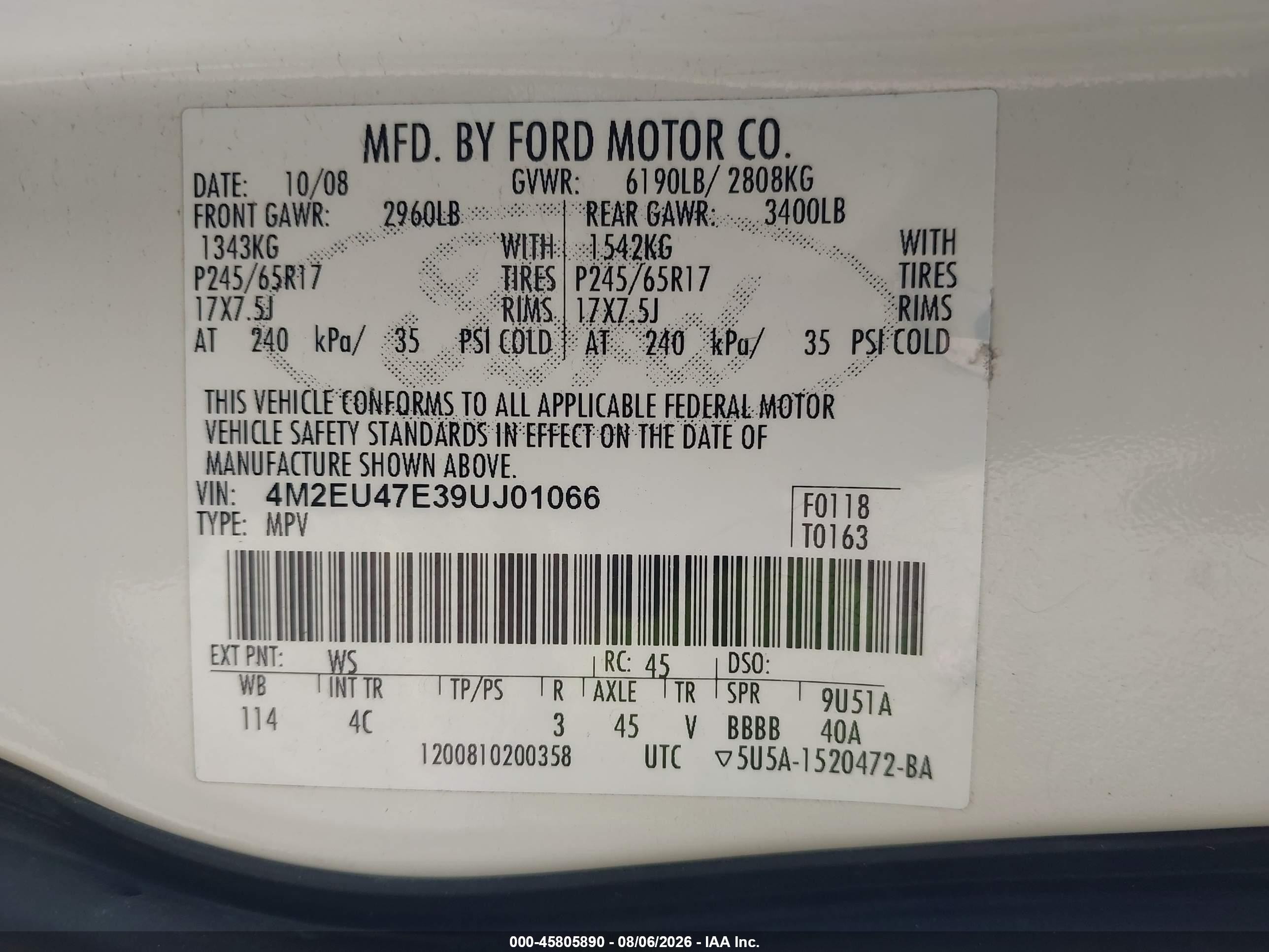 2009 Mercury Mountaineer   White vin: 4M2EU47E39UJ01066
