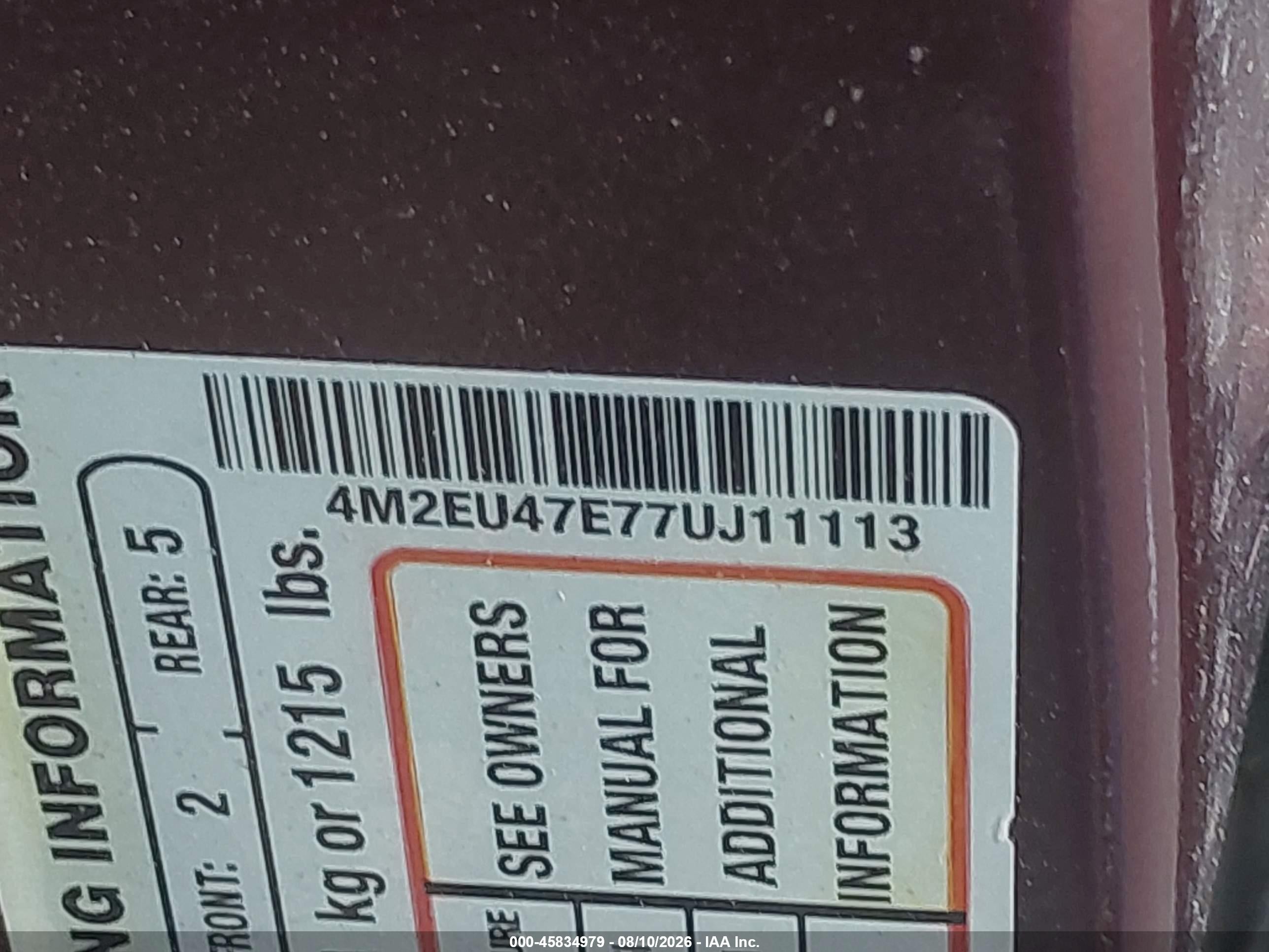2007 Mercury Mountaineer   Maroon vin: 4M2EU47E77UJ11113
