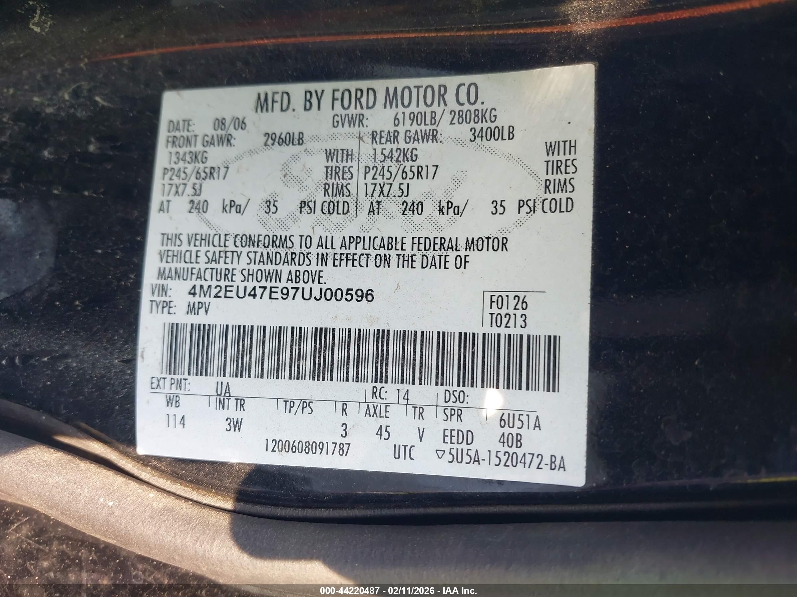 2007 Mercury Mountaineer   Black vin: 4M2EU47E97UJ00596